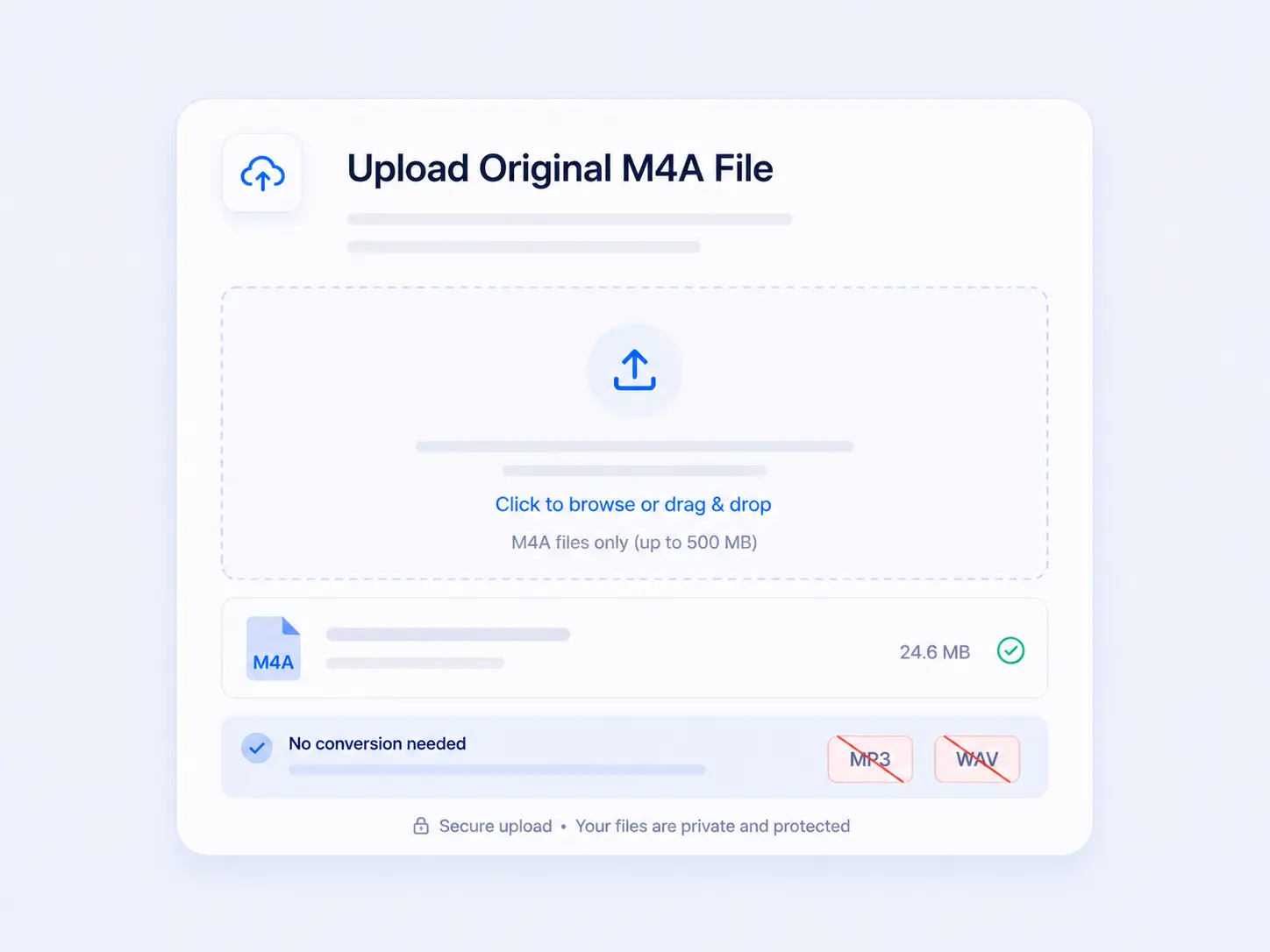 M4A transcription interface showing an original audio file uploaded directly without needing MP3 or WAV conversion