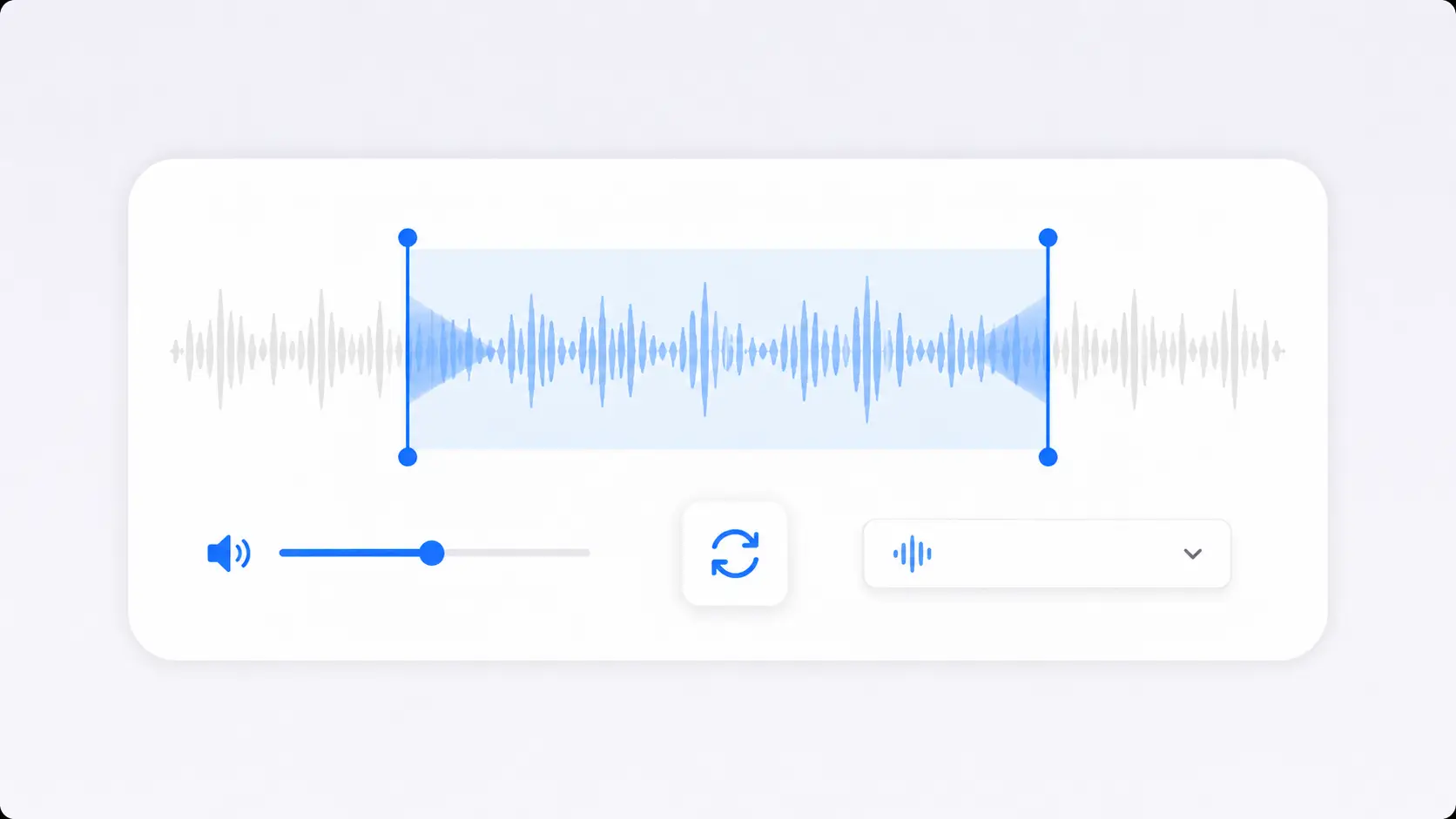 Audio waveform editor with trim handles, volume control, fade effects, reverse option, and output selector.