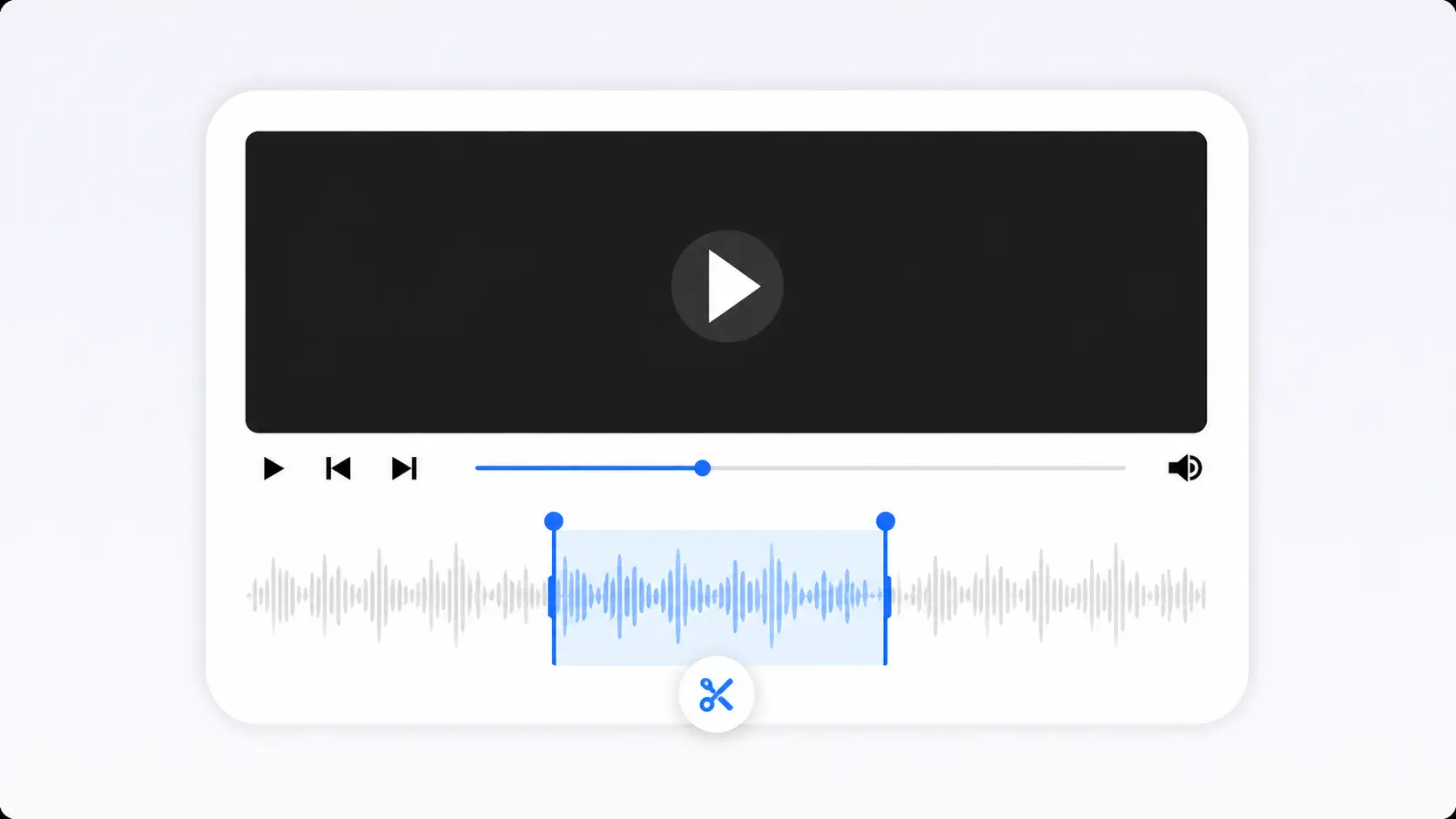 Audio editor with trim handles selecting a specific section of a MOV waveform.