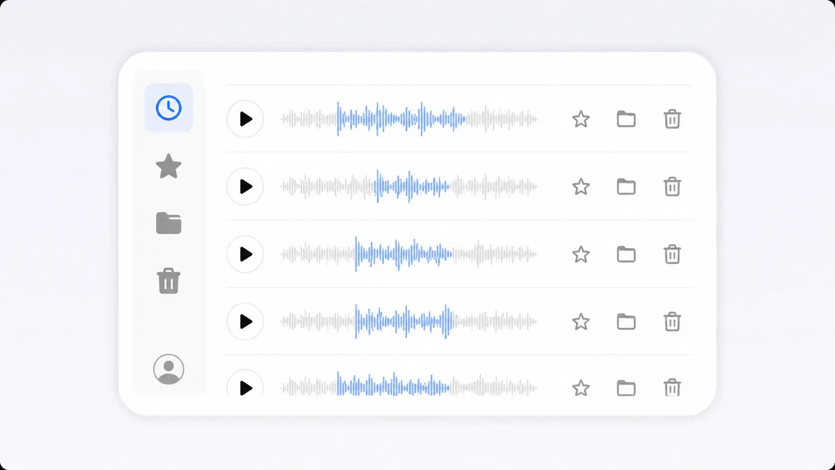 Recent audio files displayed in a library with options to play, favorite, organize, or delete them.