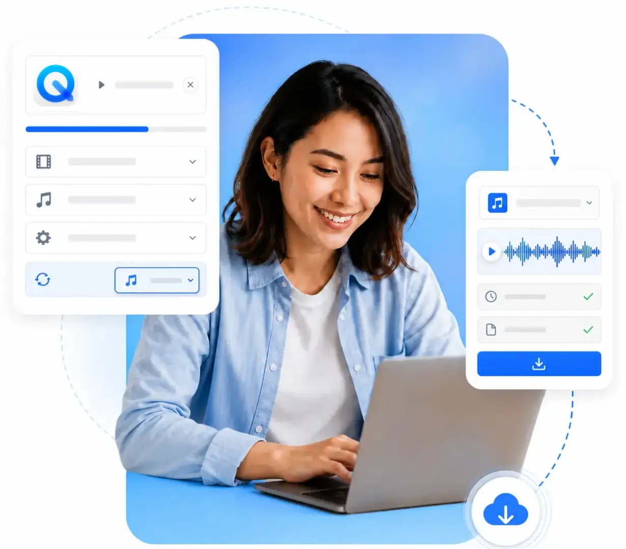 A woman converting a QuickTime MOV file directly into MP3 audio and downloading the result.