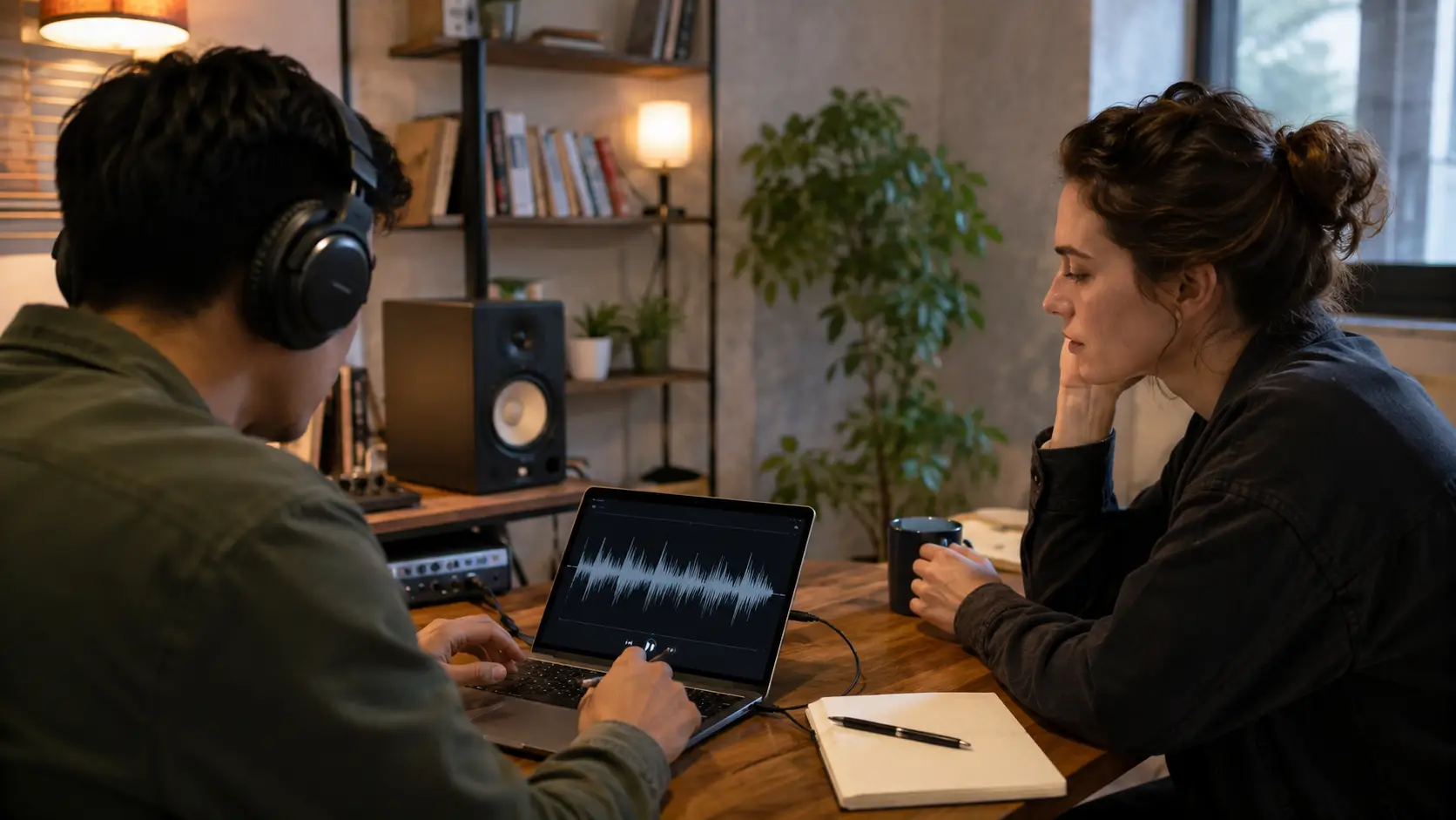 Two collaborators reviewing a standalone audio waveform together in a small studio.