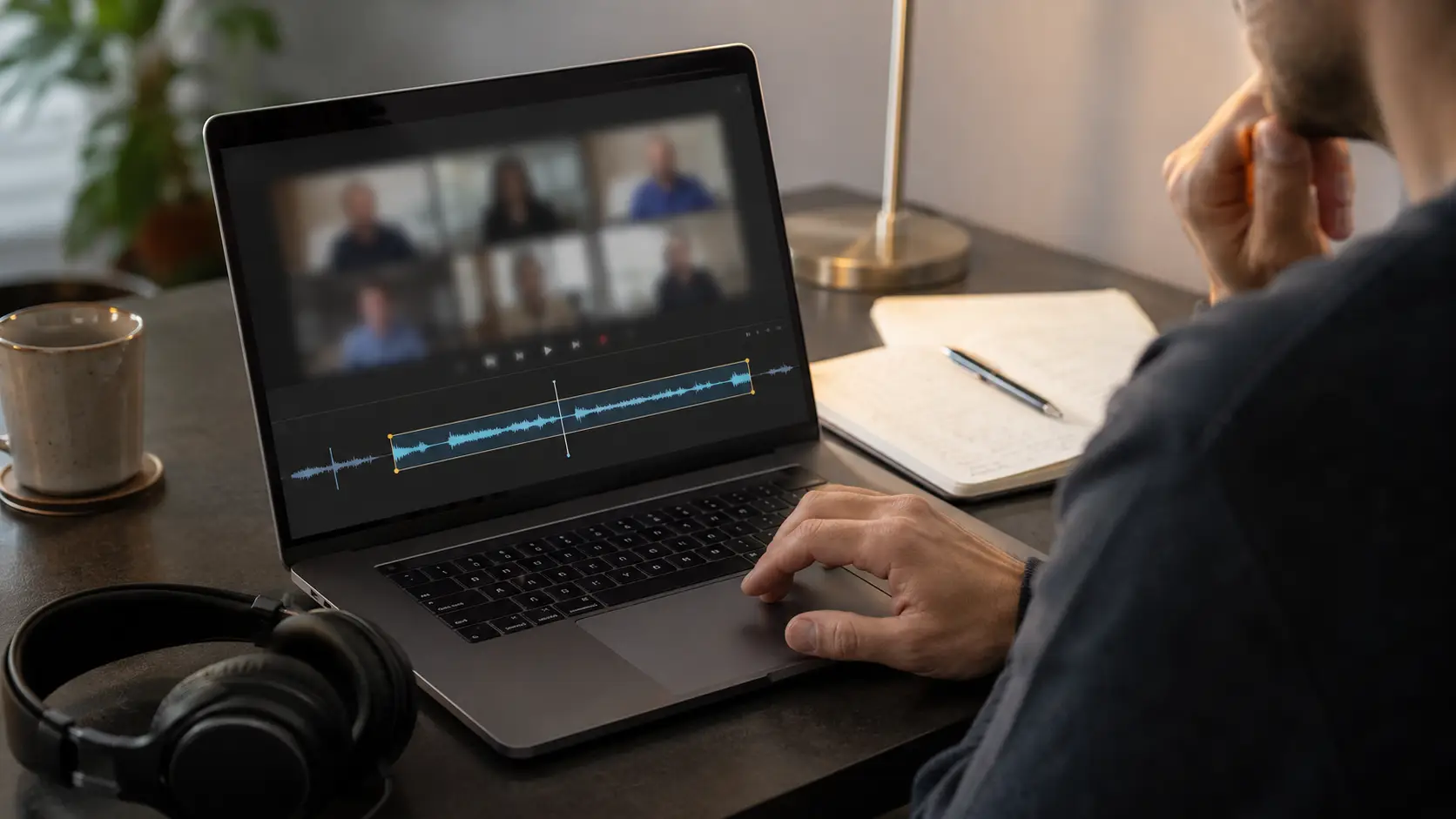A person trimming the useful audio section from a recorded online conversation on a laptop.