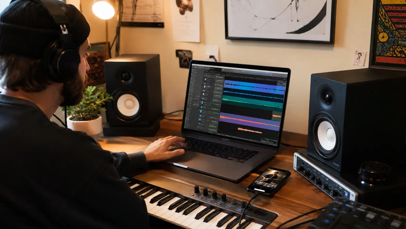 A musician importing audio from a phone video into a multitrack music project on a laptop.