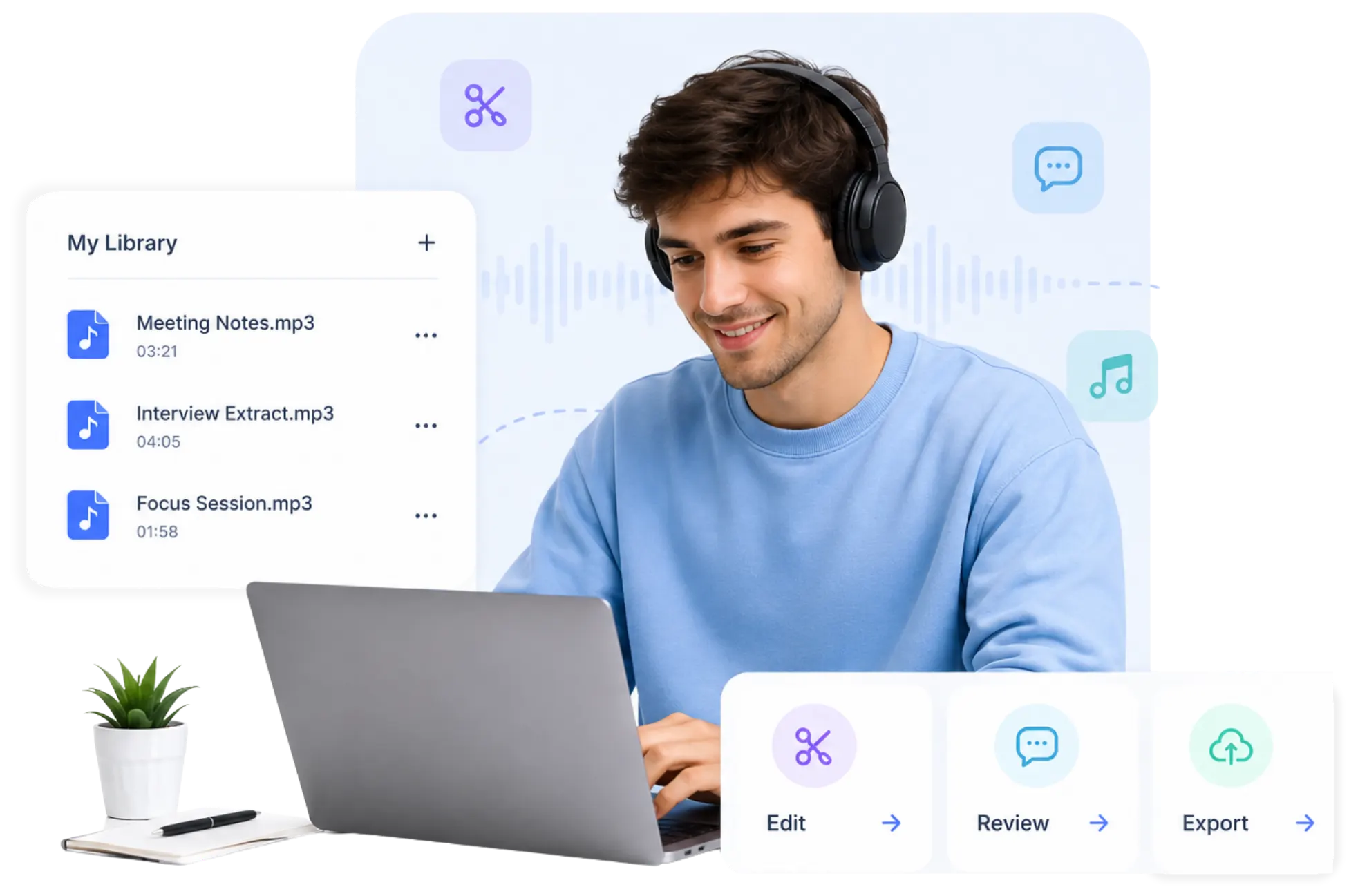 Person arbeitet am Laptop neben einer MP3-Bibliothek und Optionen zum Bearbeiten, Prüfen oder Exportieren von Audio.