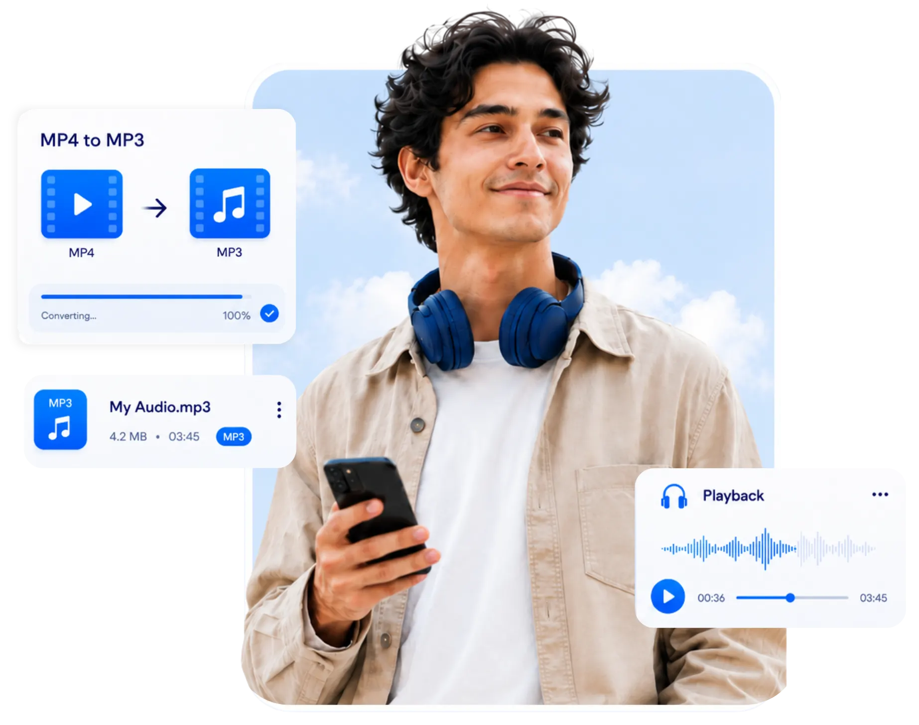 Person mit Kopfhörern neben Karten für MP4-zu-MP3-Umwandlung und Audiowiedergabe.