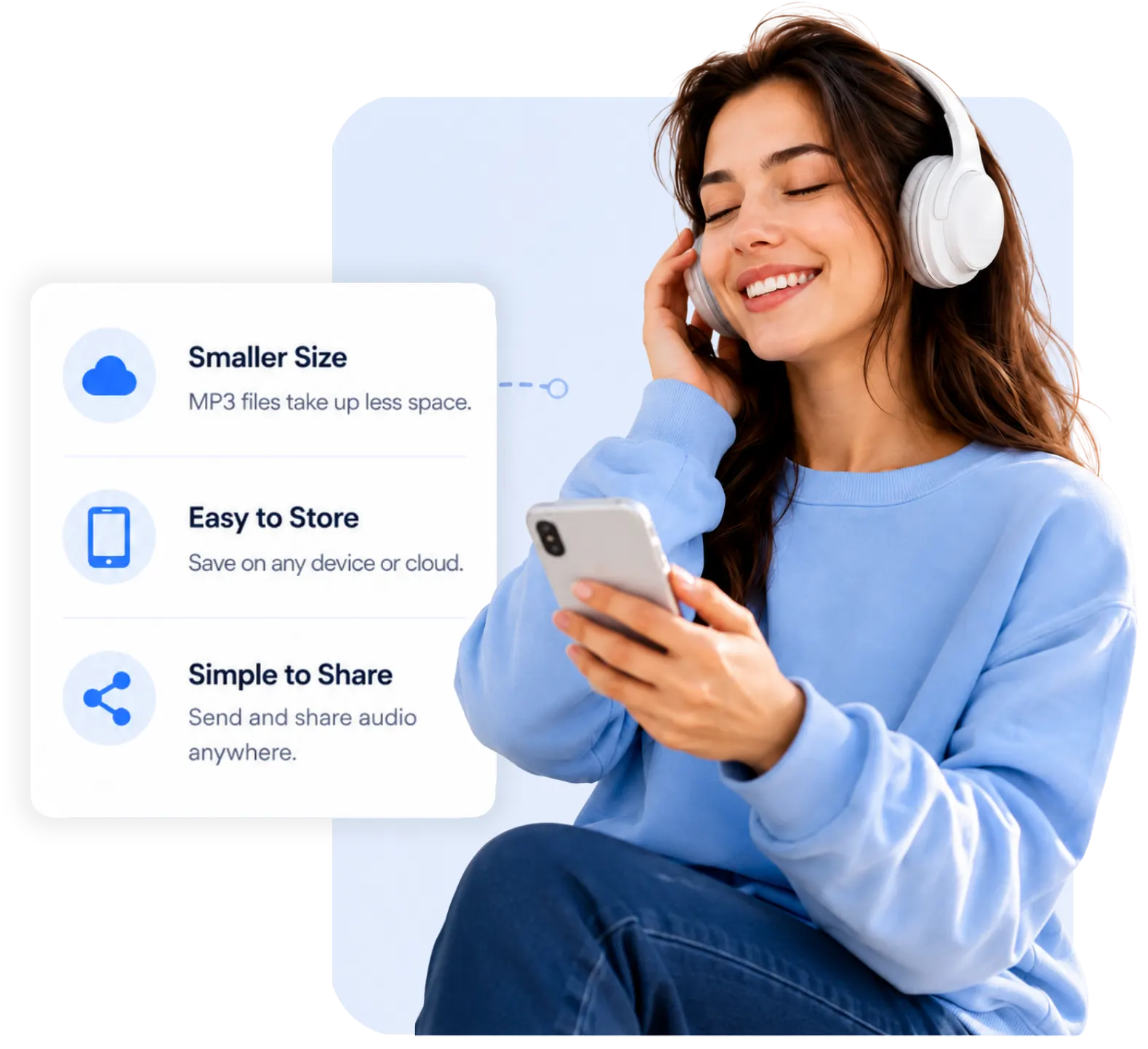 Person hört extrahiertes MP3-Audio; Karten zeigen kleinere Dateigröße, Speicherung und Teilen.