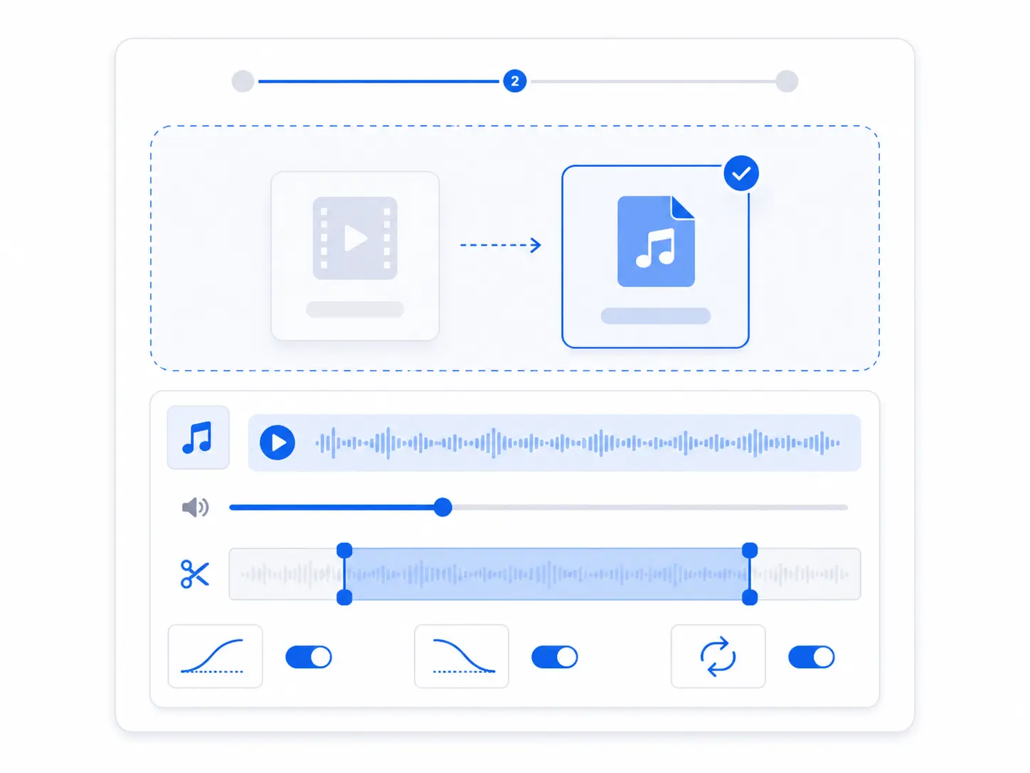Audiobearbeitungsoberfläche mit MP3-Einstellungen, Wellenform, Lautstärke und Zuschneidereglern