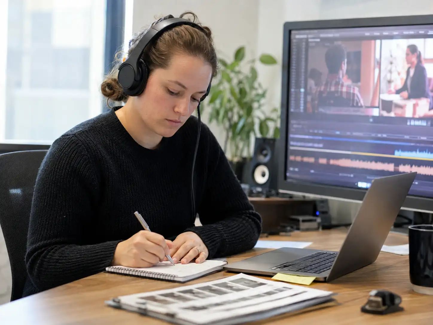 Accessibility-Spezialist bereitet Untertitel anhand eines Transkripts vor