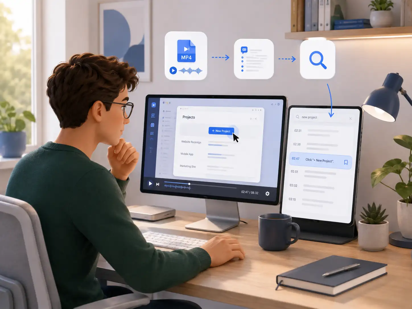 Fachperson prüft ein Bildschirmaufnahme-Transkript mit hervorgehobener Anweisung und Zeitstempelsuche