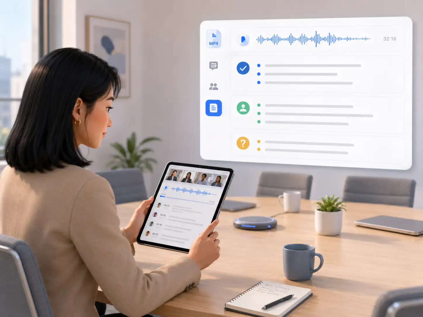 Business-Profi prüft ein Meeting-Transkript auf einem Tablet mit Entscheidungen und Aufgaben