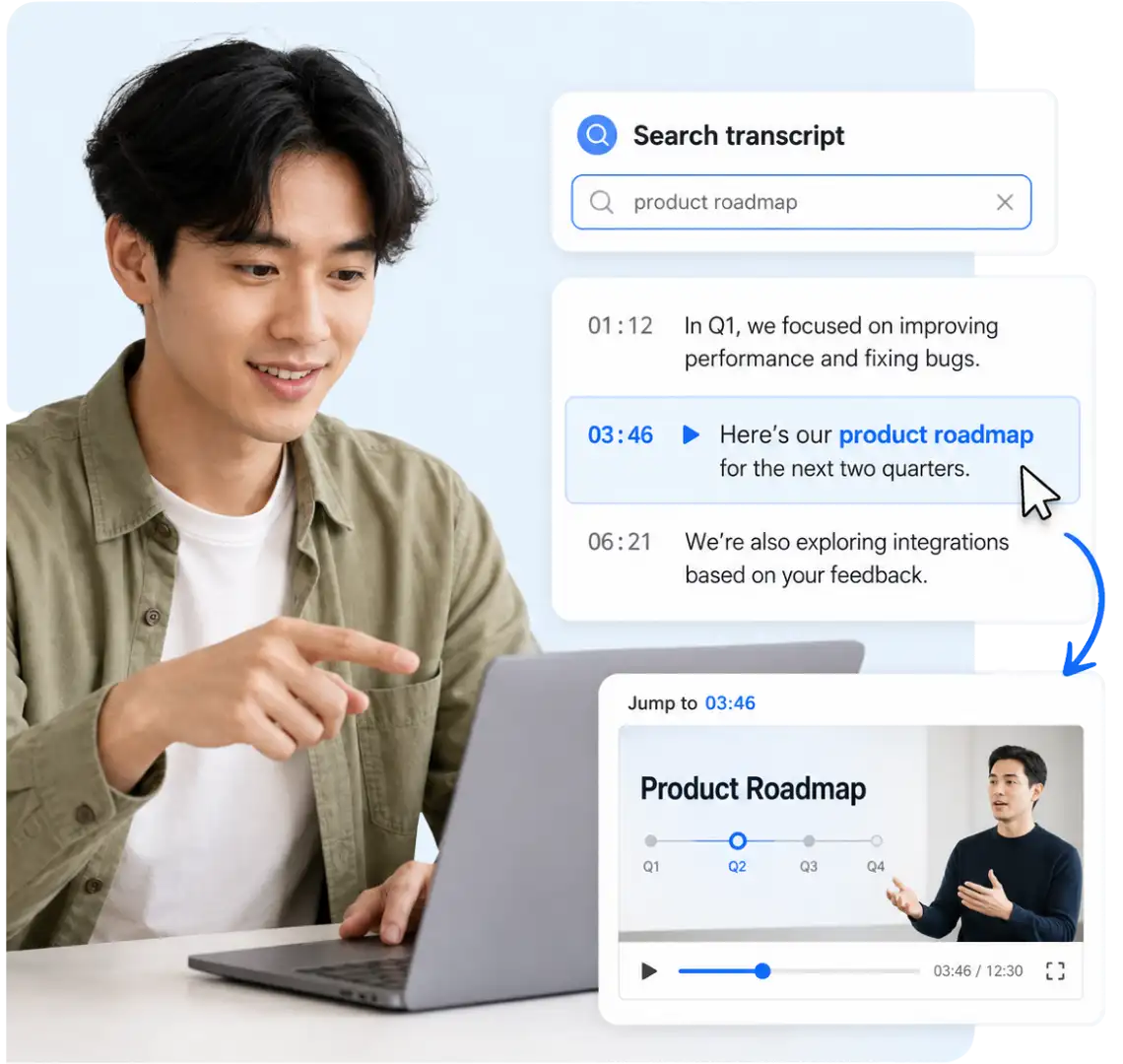 Search results highlighted in an MP4 transcript with timestamps linked to the matching video moments
