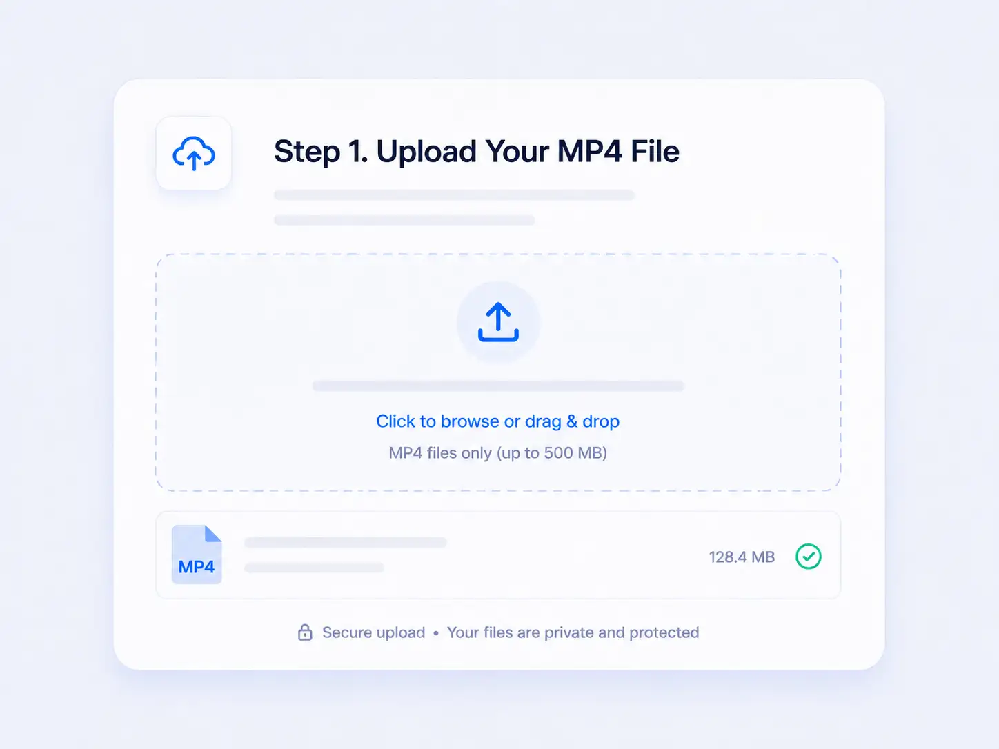 MP4 upload interface showing a drag-and-drop area and uploaded video file ready for transcription