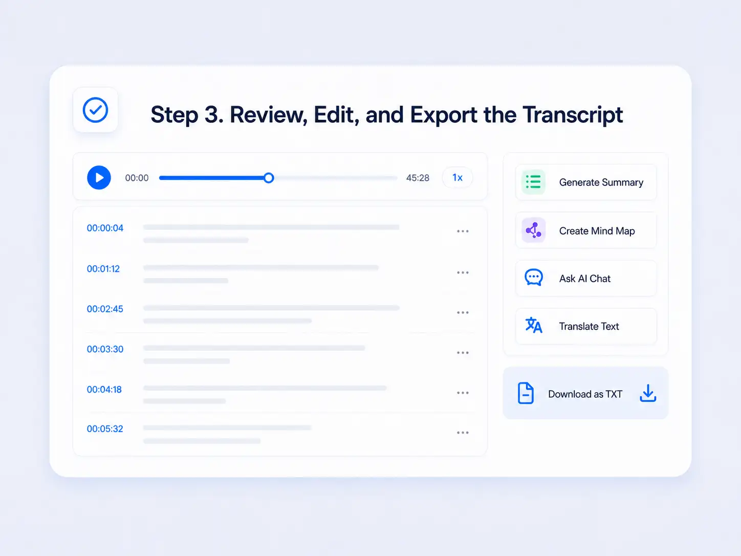 MP4 transcript review interface showing timestamps, editing tools, AI features, translation options, and TXT export