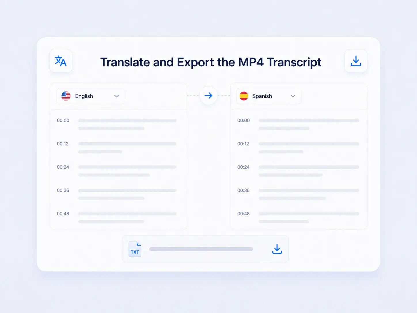 Übersetzungsoberfläche für MP4-Transkripte mit Ausgangstext, Übersetzung und Exportoptionen