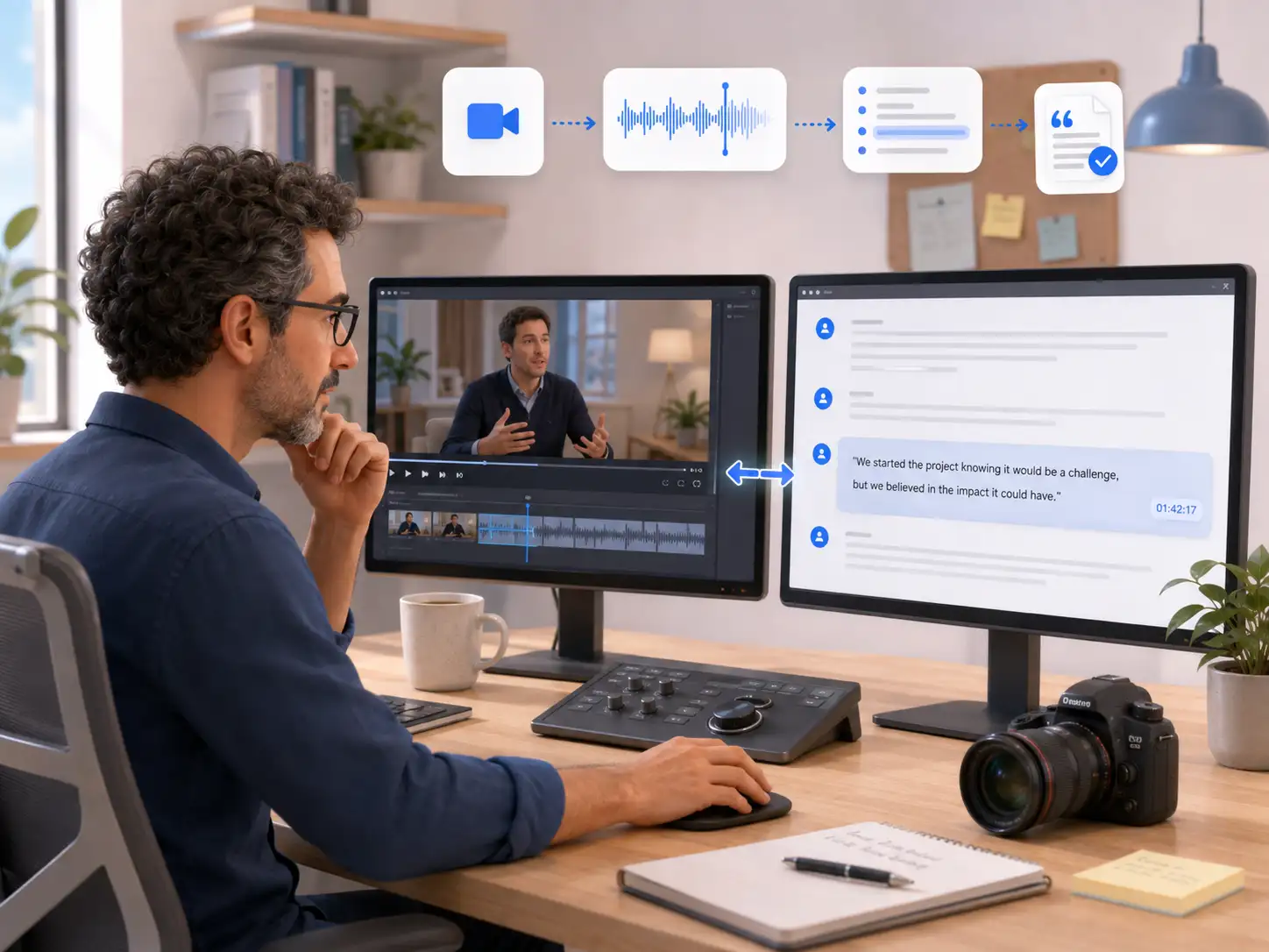 Videoeditor vergleicht Interviewmaterial mit einem Transkriptausschnitt