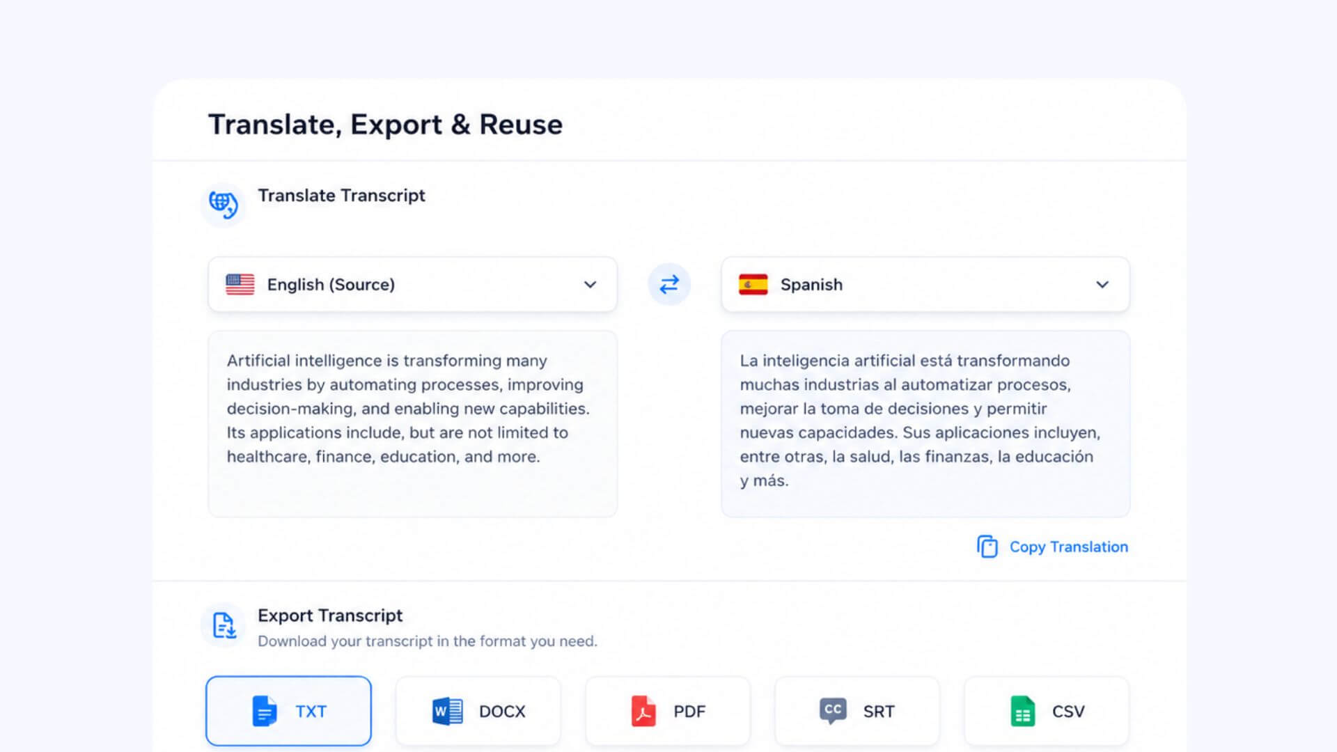 Translate, export, or reuse the final transcript