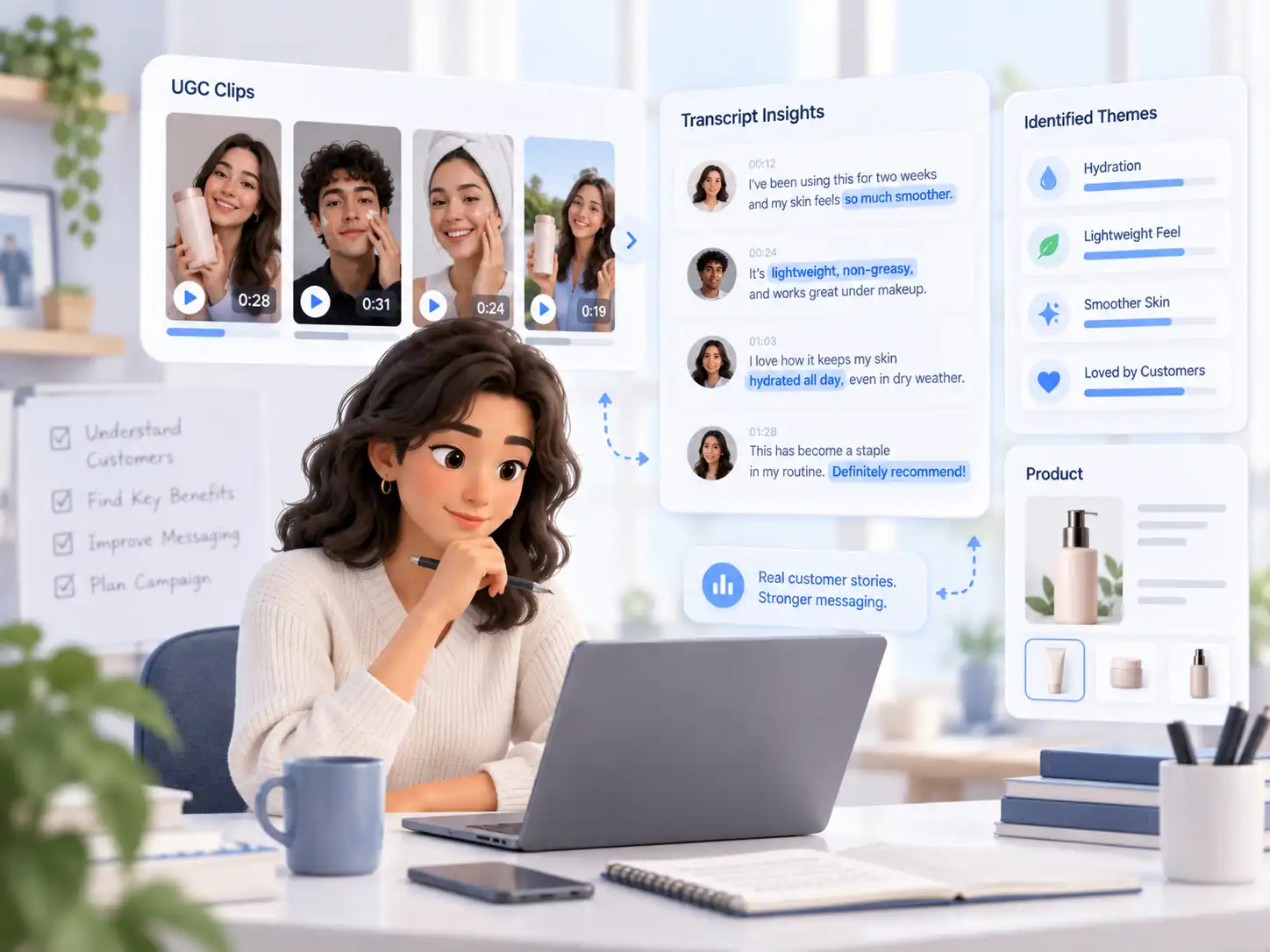 Marketer reviewing UGC video transcripts to understand how creators describe product benefits, customer experiences, and product value.