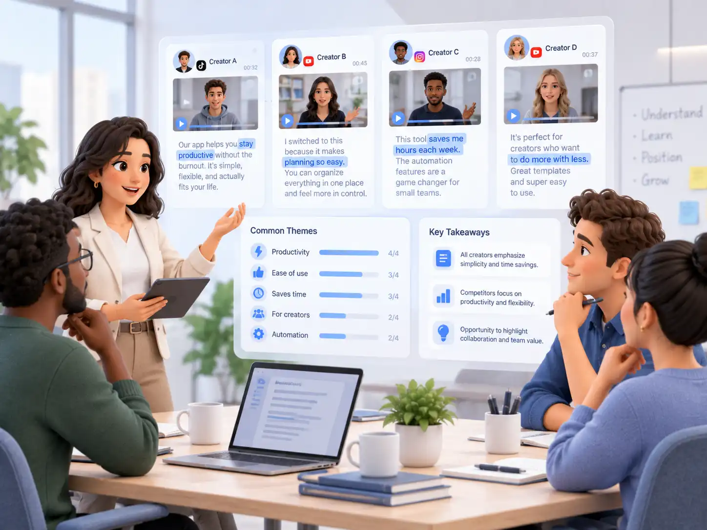 Marketing team comparing TikTok transcripts from multiple creators to identify common messaging patterns, positioning, and content approaches.
