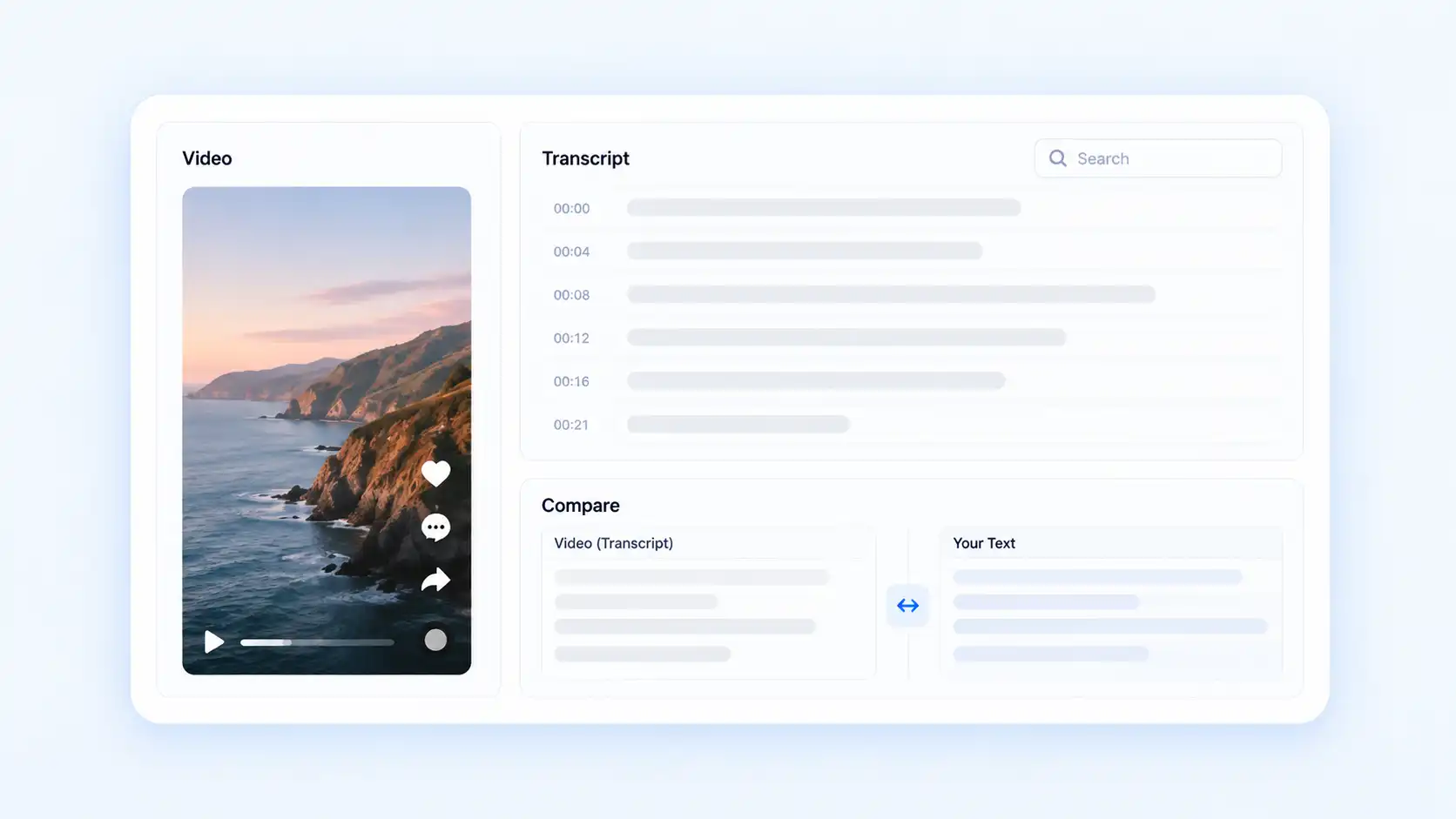TikTok transcript workspace showing AI summary, key points, and question tools for reviewing video content