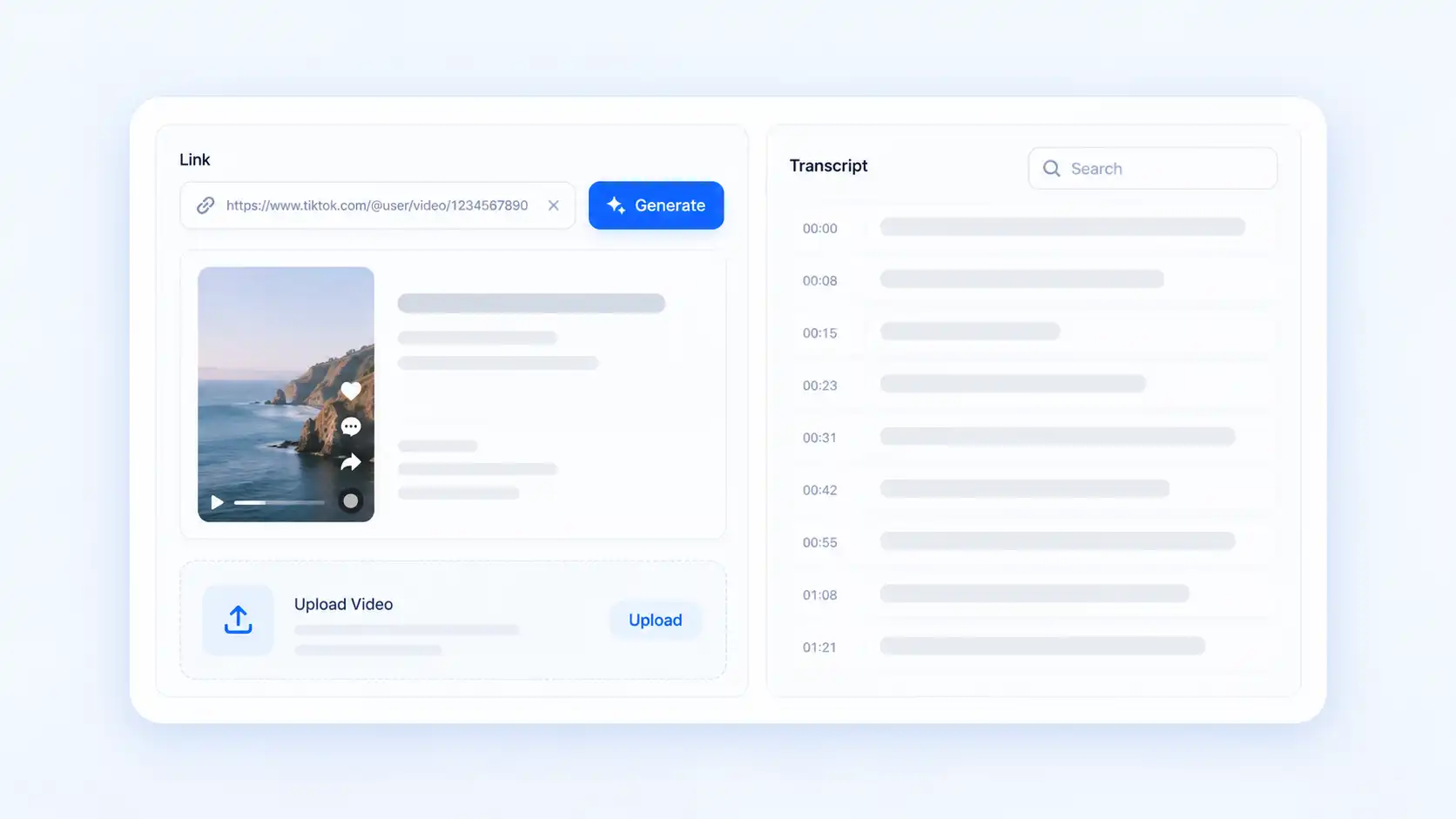 TikTok transcript interface showing a public video link converted into searchable timestamped text