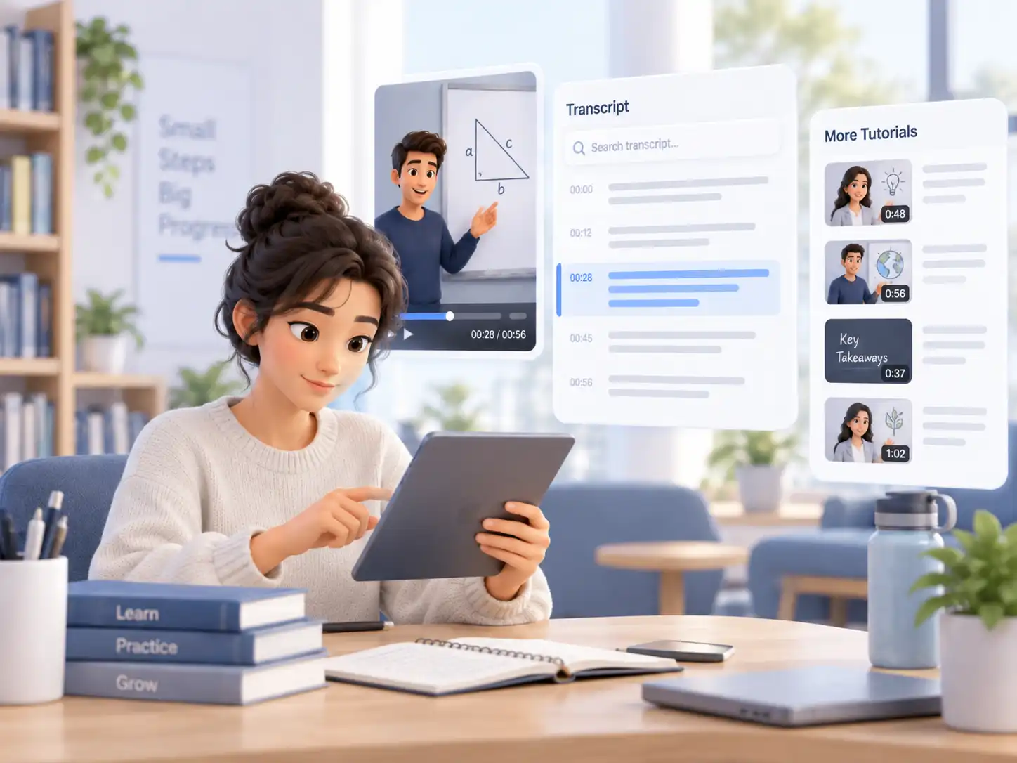 Learner reviewing a searchable transcript from an educational TikTok video to quickly find and revisit useful tutorial explanations.