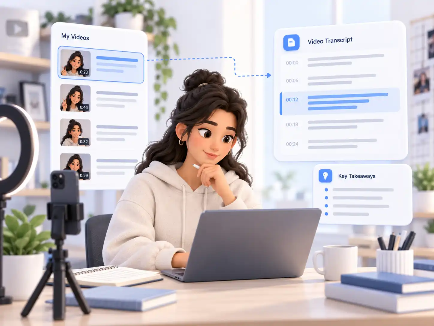 Content creator reviewing transcripts from previously published TikTok videos to compare past messaging and keep a written record of their content.