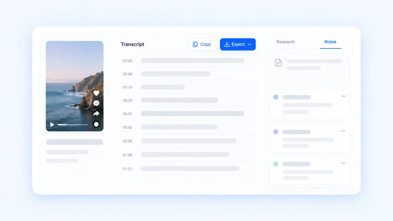 TikTok transcript workspace showing copy and export options with organized research notes beside the transcript