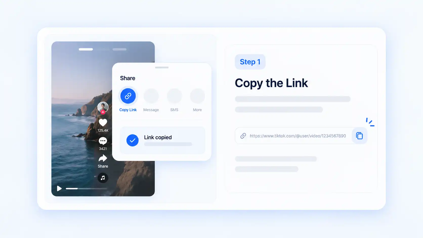 TikTok video interface showing the share menu and copied public video link