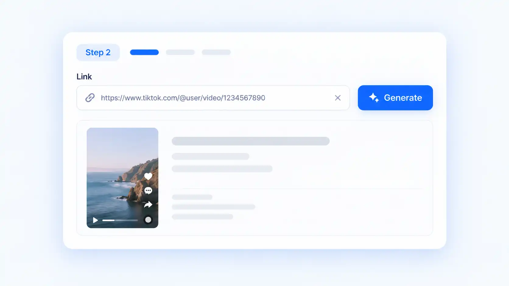 TikTok transcript generator interface showing a public video URL pasted into the link field before starting transcription