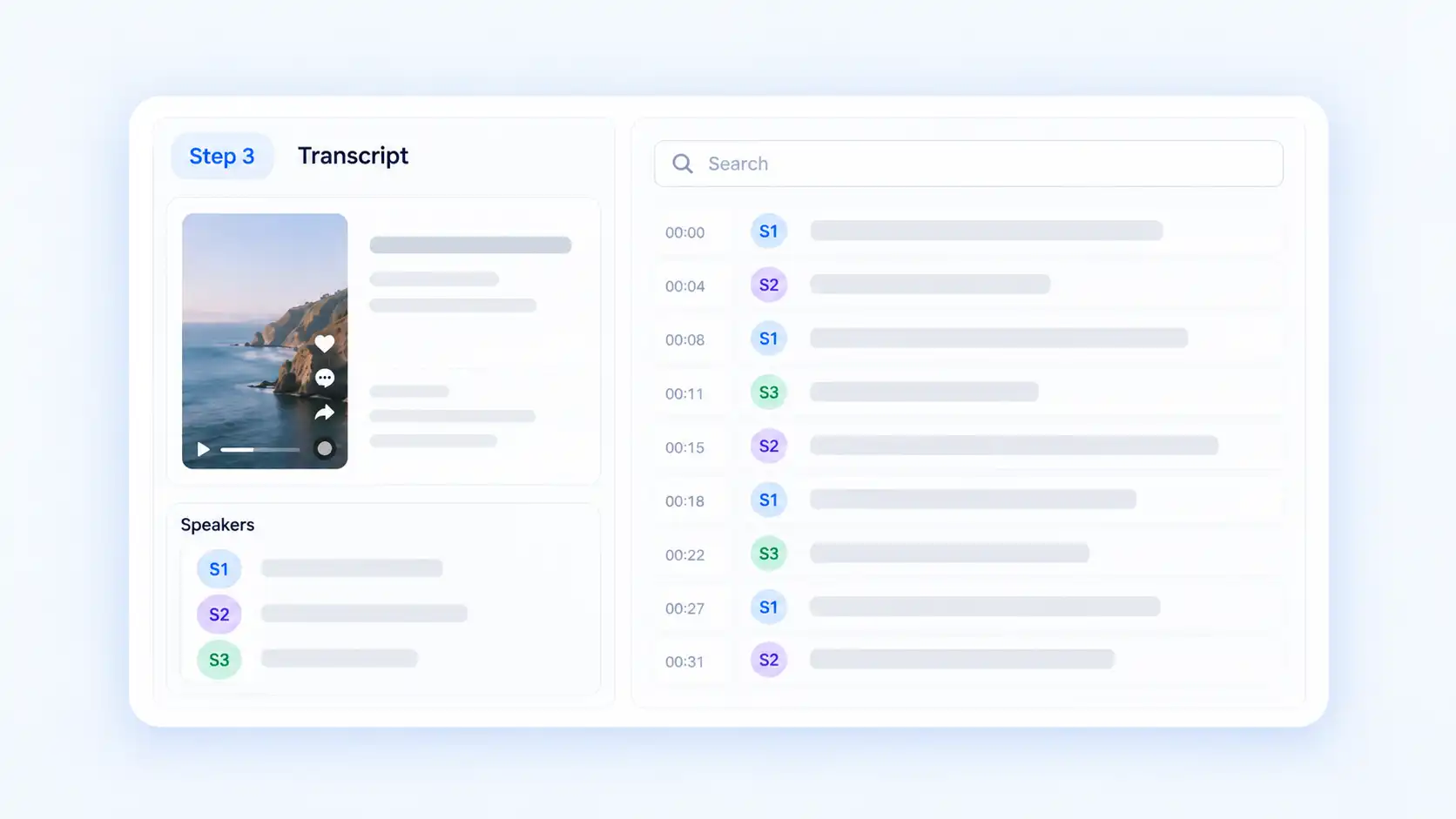 TikTok transcript interface showing searchable timestamped text with separate speaker labels generated from the video