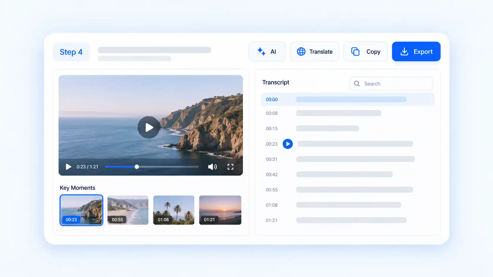 TikTok transcript review interface showing video playback, timestamps, AI tools, translation, copying, and export options