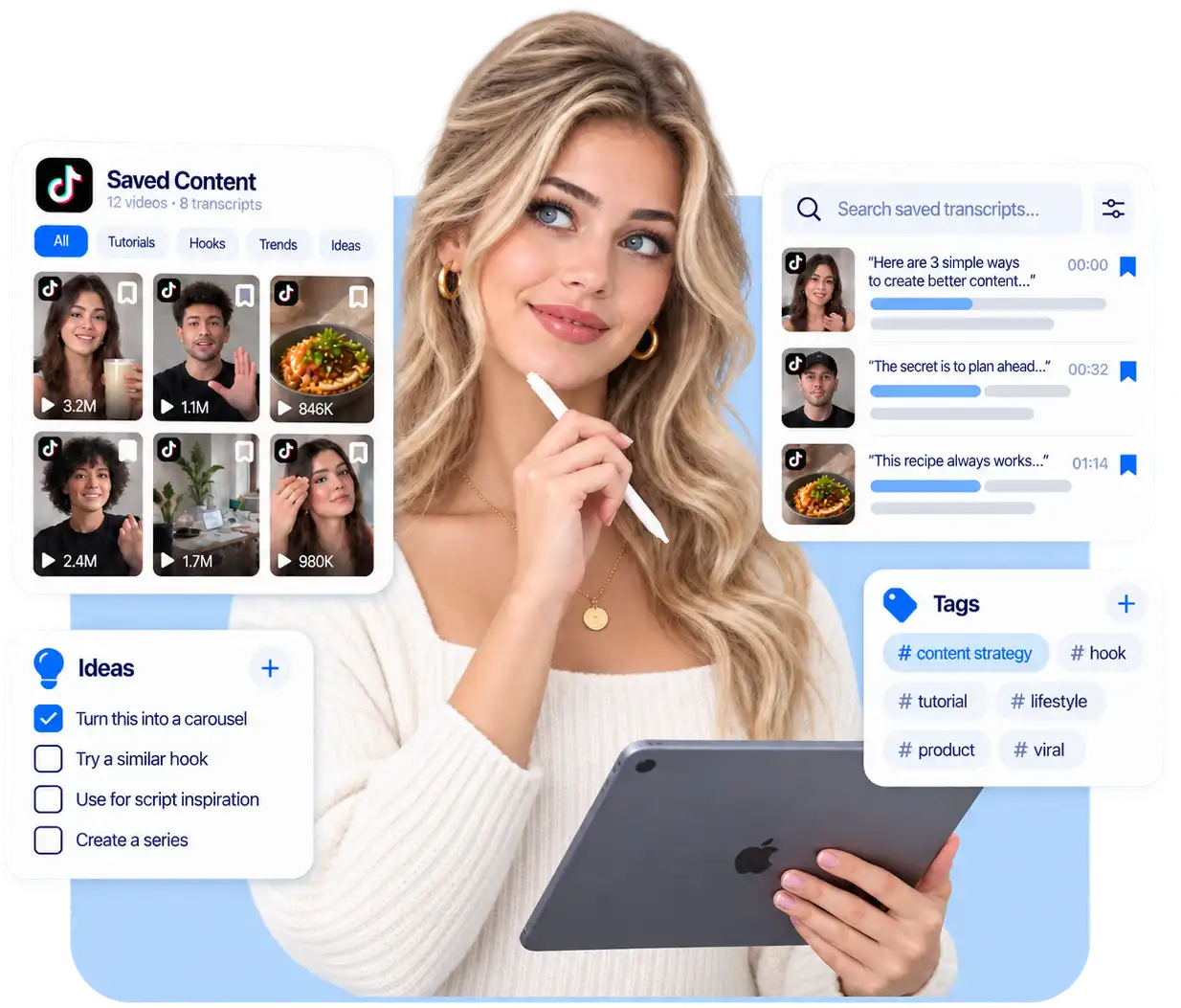 Woman organizing saved TikTok transcripts, content examples, and reusable ideas in a searchable content research library