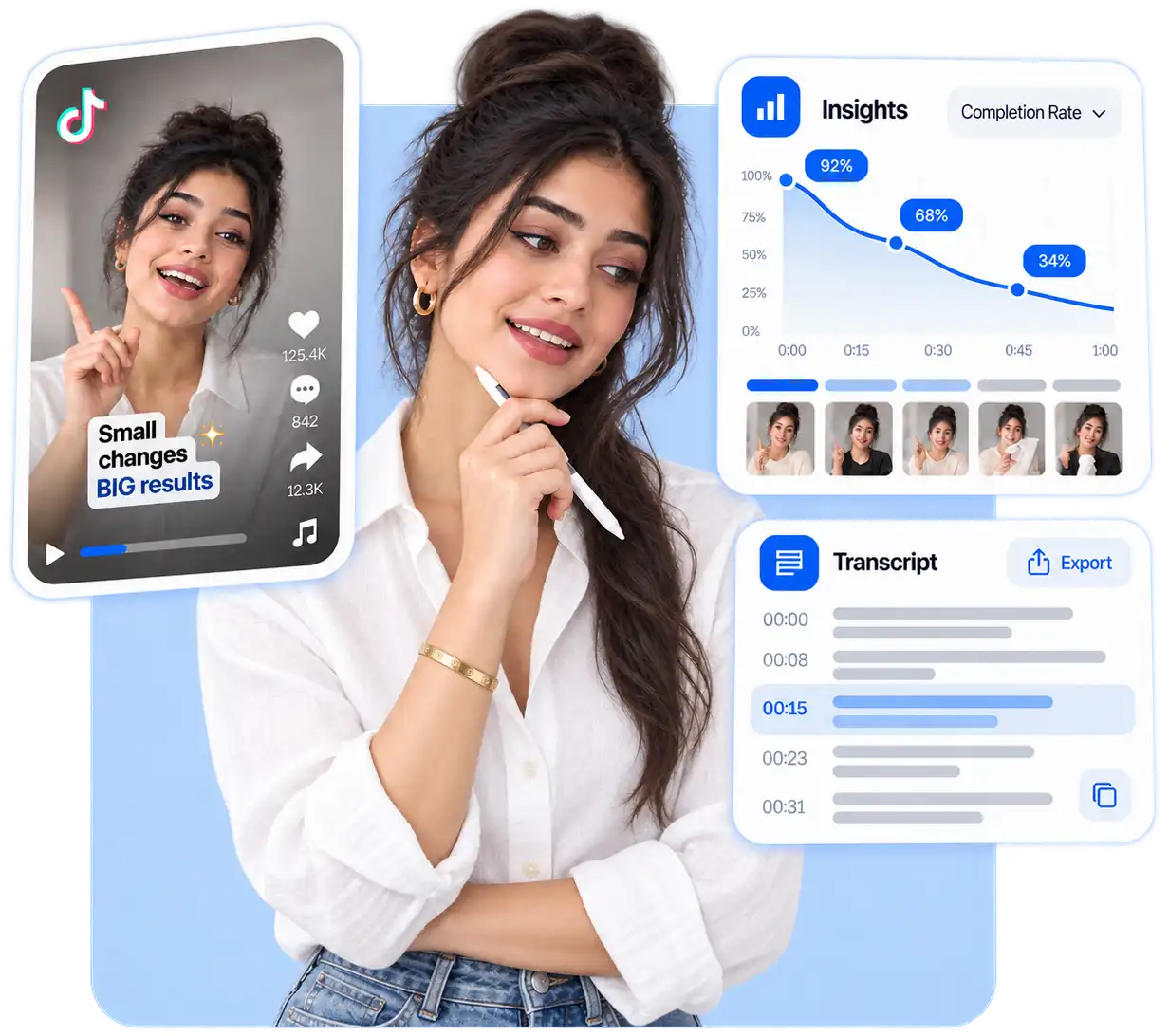 Woman reviewing a TikTok video with content insights, transcript text, and export options to study what makes short-form content work