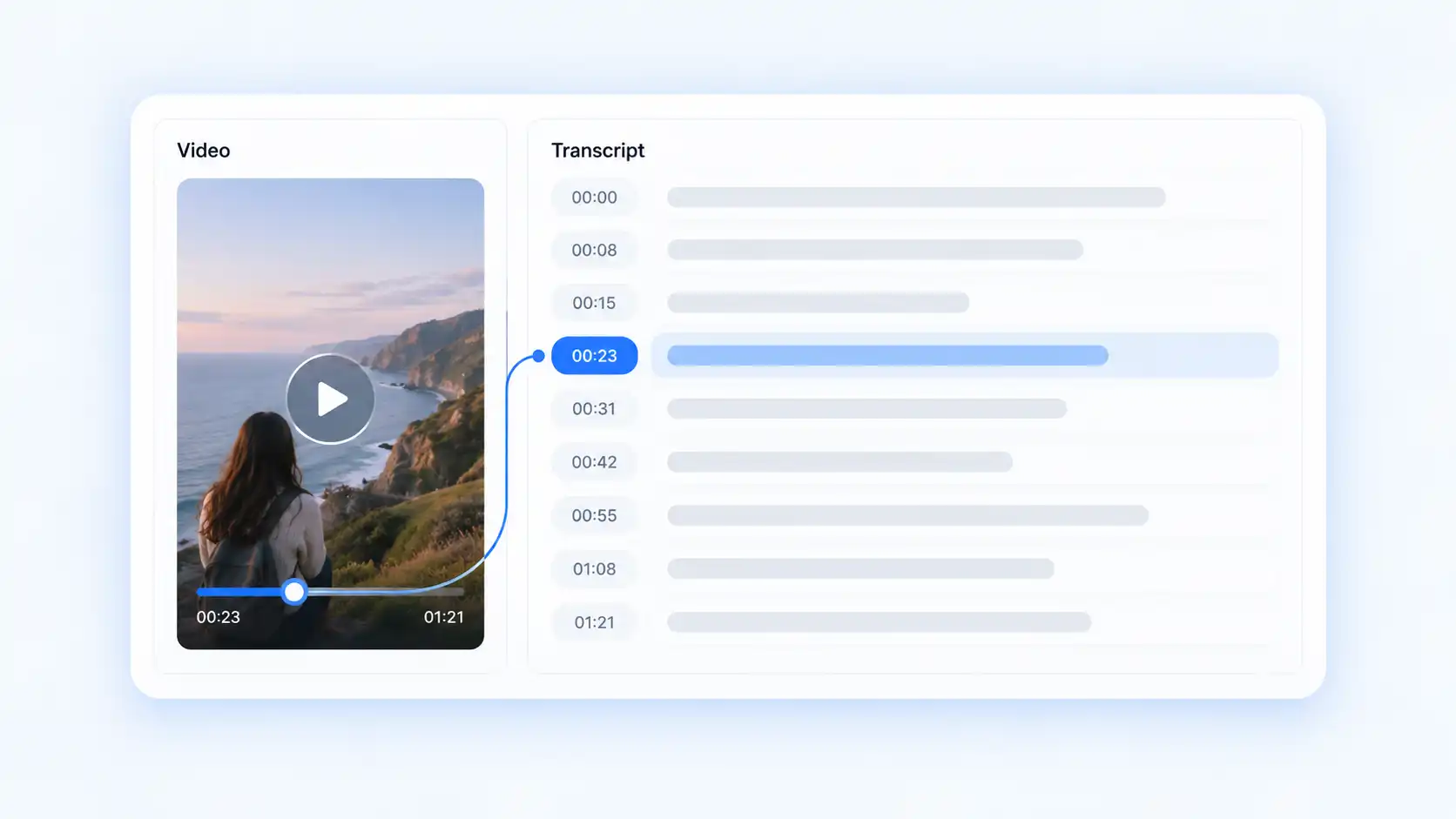 TikTok video interface showing a timestamp linked directly to the corresponding transcript section
