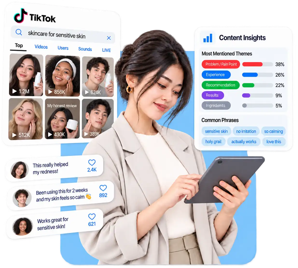 Researching TikTok search results and UGC videos to identify recurring product themes, audience language, and common phrases
