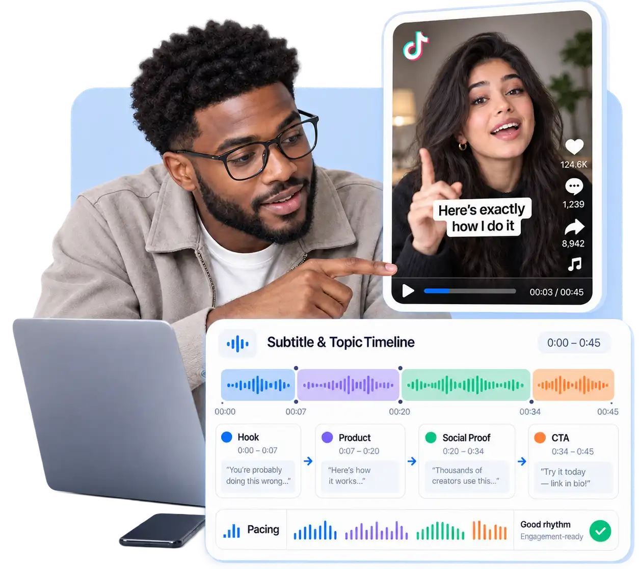 Creator analyzing a TikTok video with a synced subtitle timeline, topic sections, and playback markers
