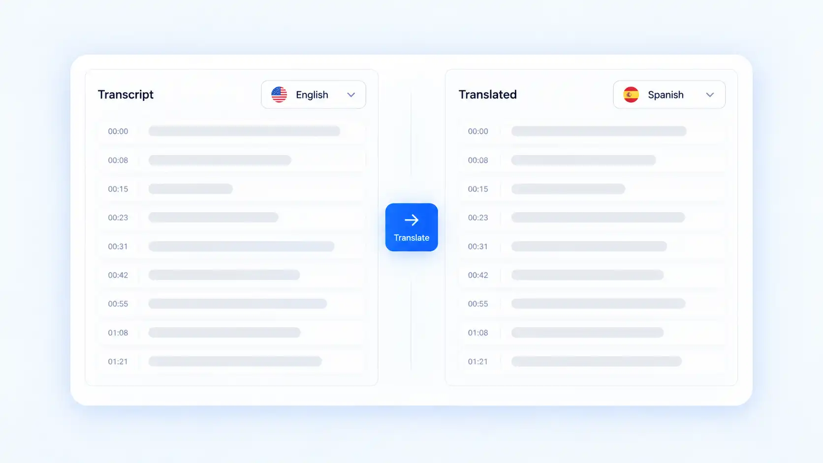 Side-by-side TikTok transcript interface showing original English text and translated Spanish text