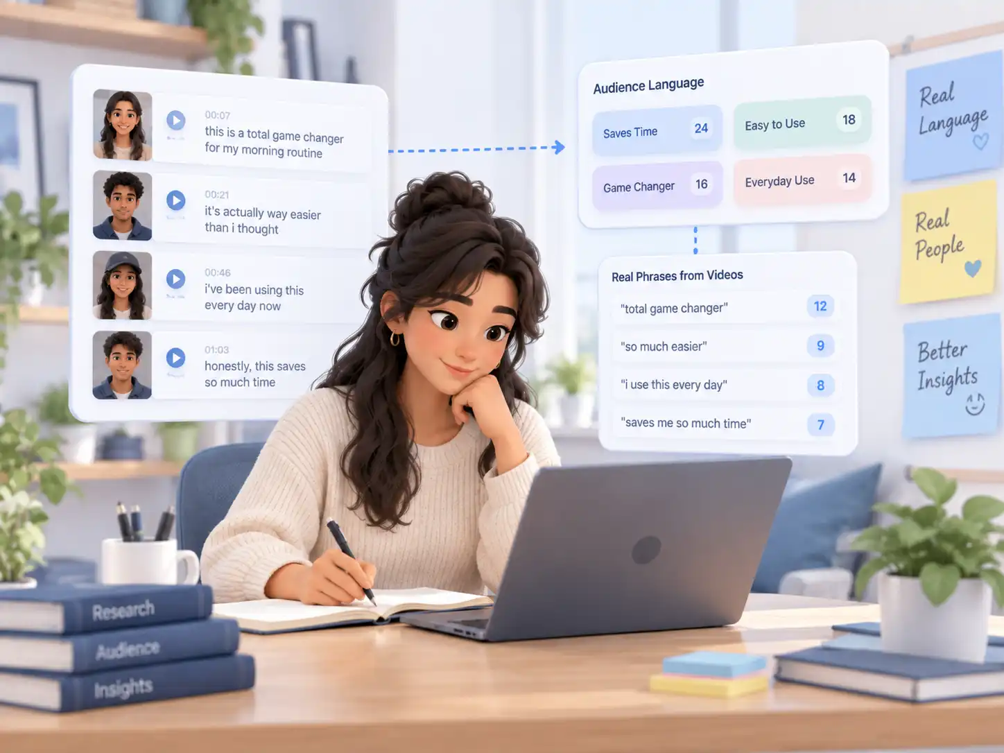 Customer research specialist analyzing TikTok transcript phrases to identify natural audience language, recurring expressions, and customer perspectives.