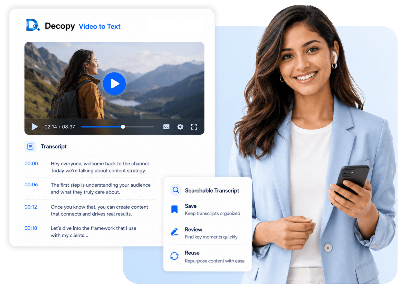 Decopy Video-zu-Text wandelt gesprochene Videoinhalte in ein durchsuchbares Transkript um