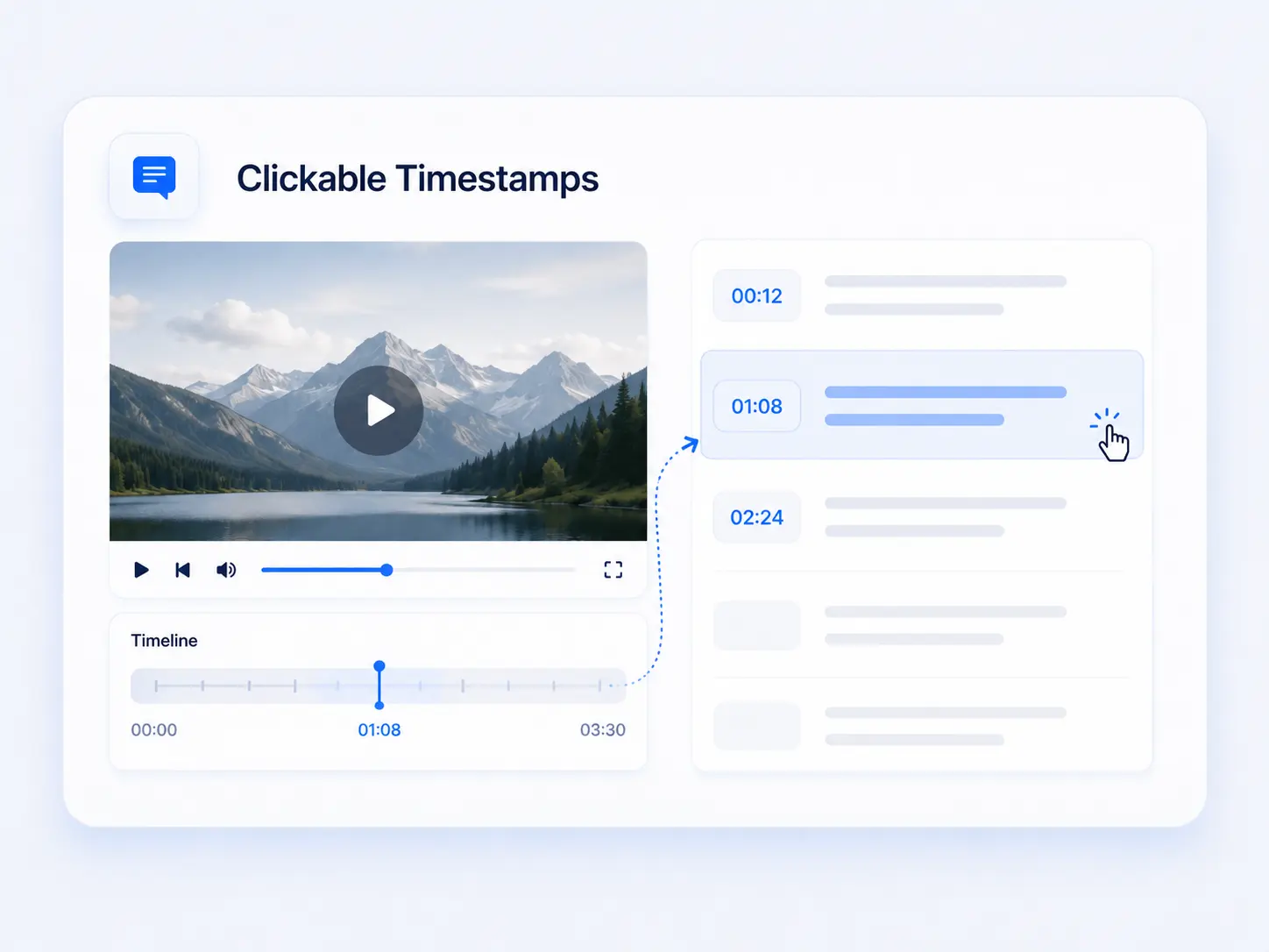 Transcript interface with clickable timestamps linked to specific moments in a video timeline