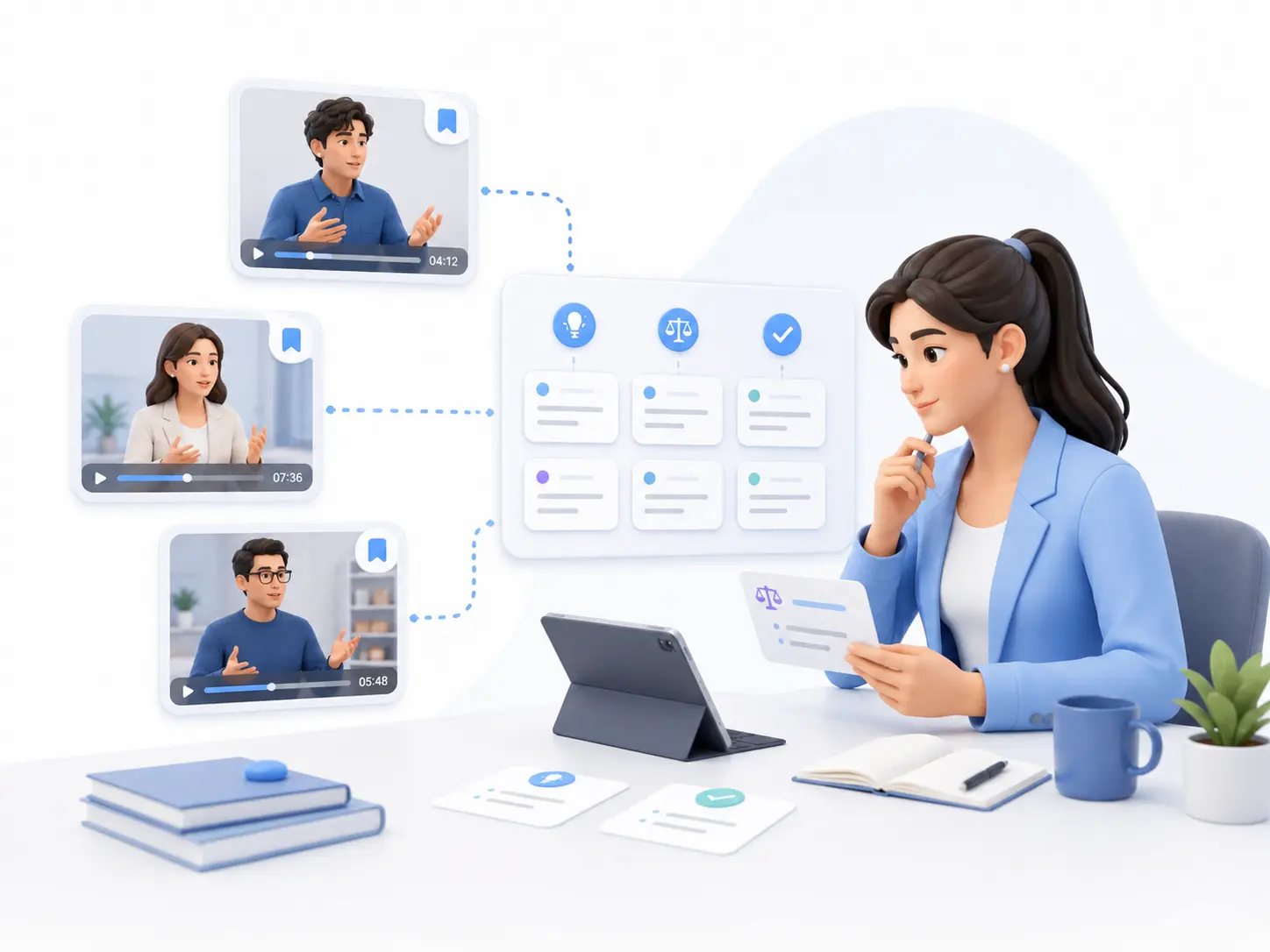 Researcher comparing information across multiple videos, reviewing different speakers and organizing key points from transcripts to analyze the same topic.