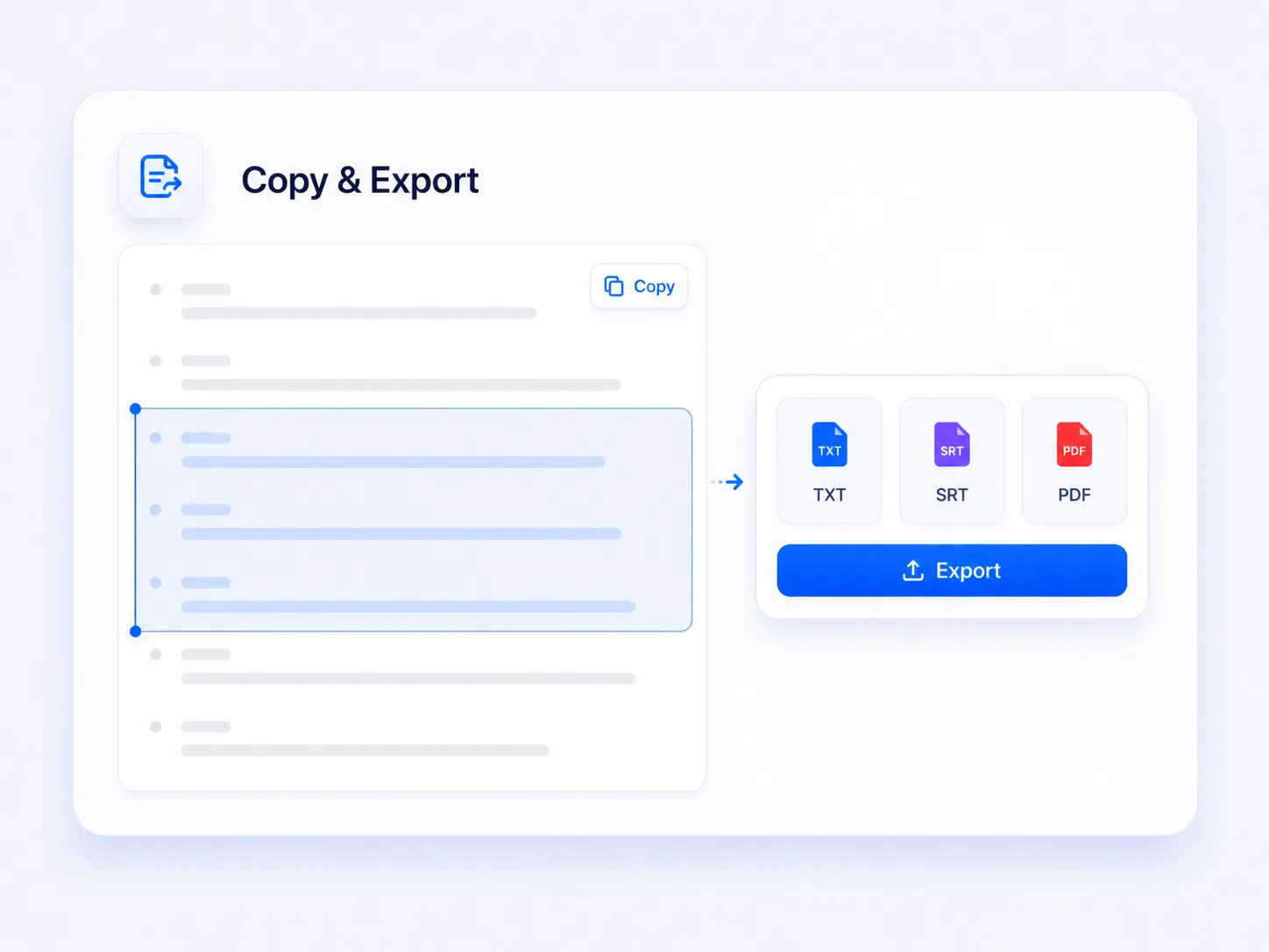 Transcript export interface showing selected text with options to copy and save in different file formats