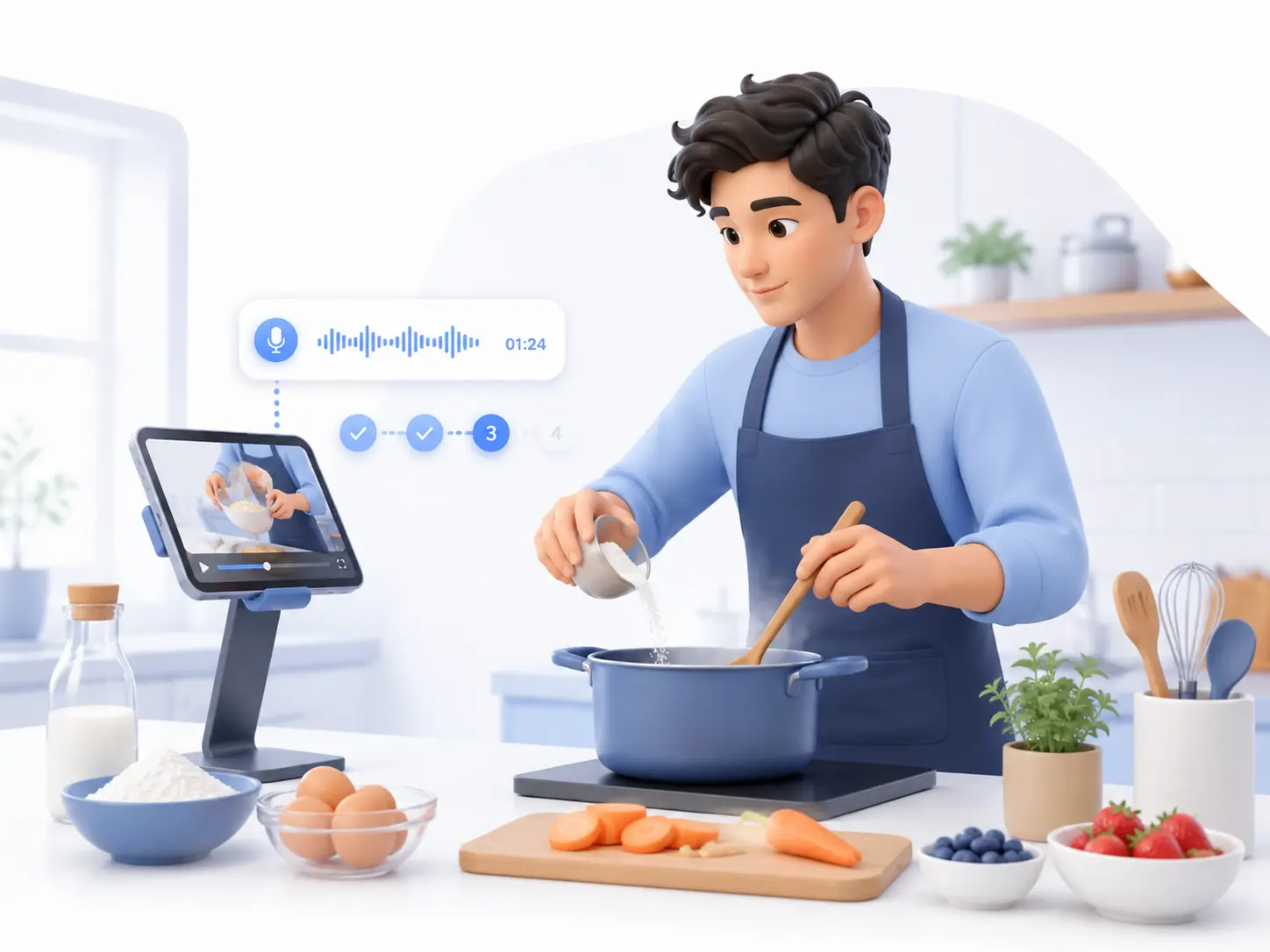 Person following a cooking video tutorial in the kitchen, using transcript steps and timestamps to complete each instruction without replaying the full video.