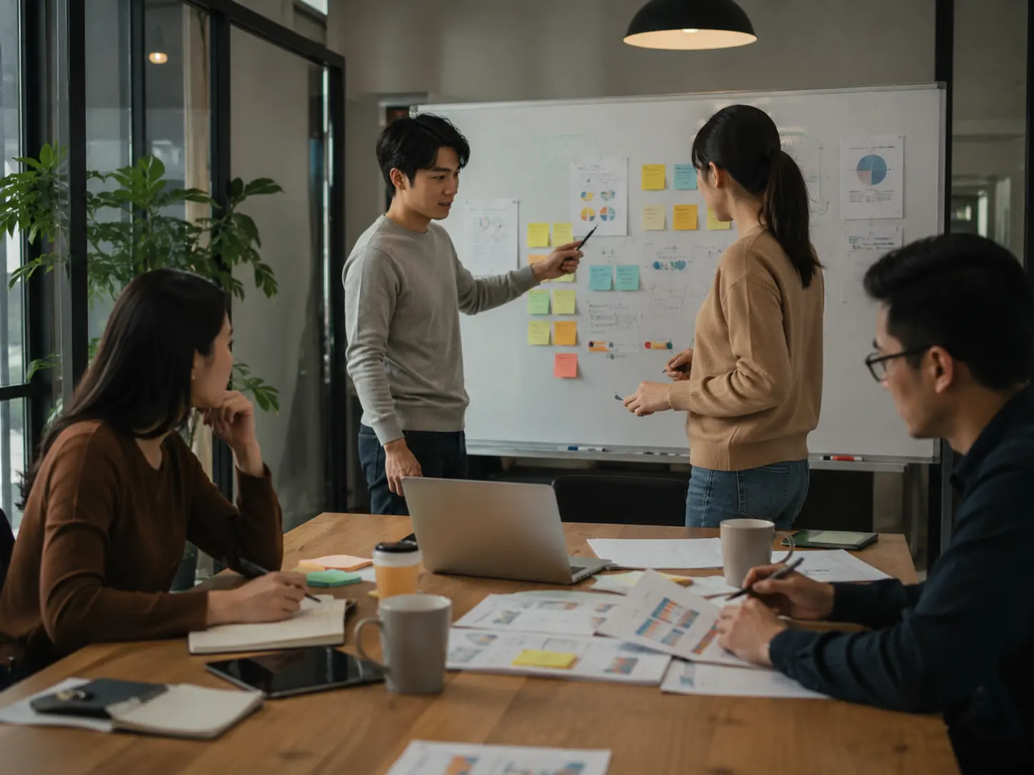 Marketing team discussing content strategy and analyzing customer research in an office