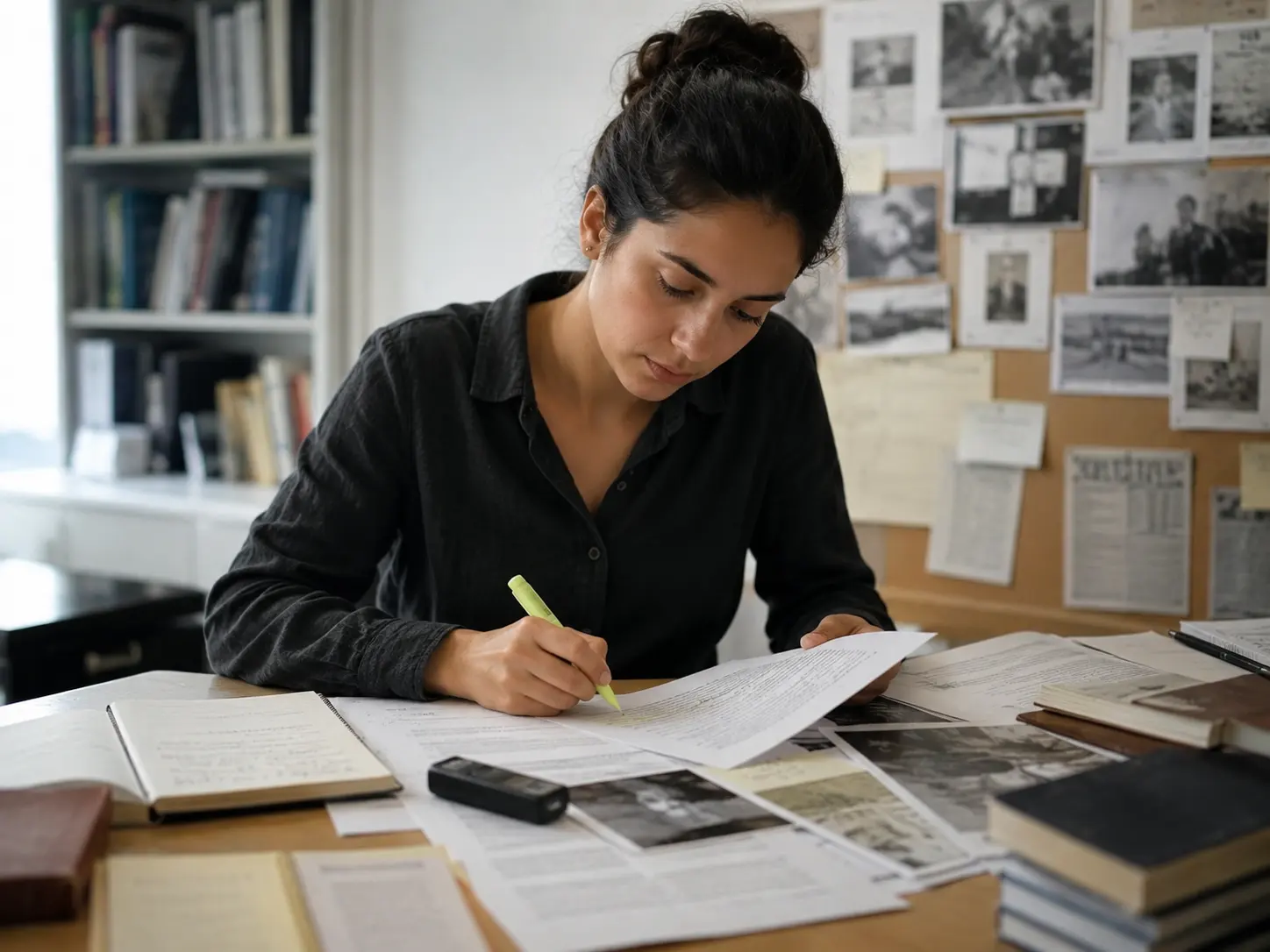 Researcher reviewing documents and organizing information for accurate analysis and reporting