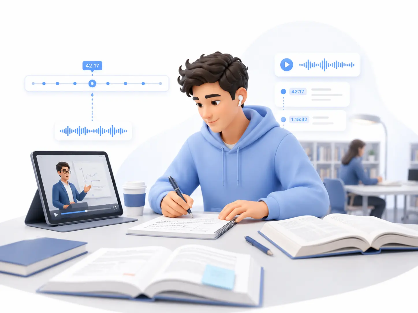 Student reviewing a long video lecture in a library, taking notes while using a transcript timeline and timestamp markers to revisit key teaching points.