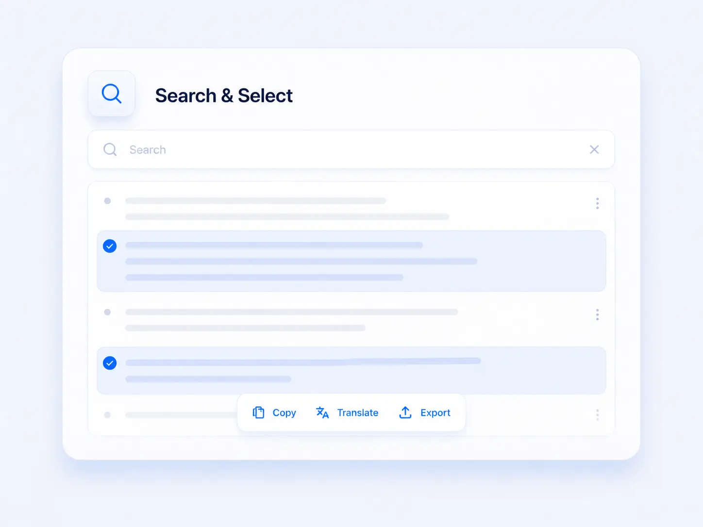 Transcript editor interface with search, selected text sections, and quick actions for copying or translating