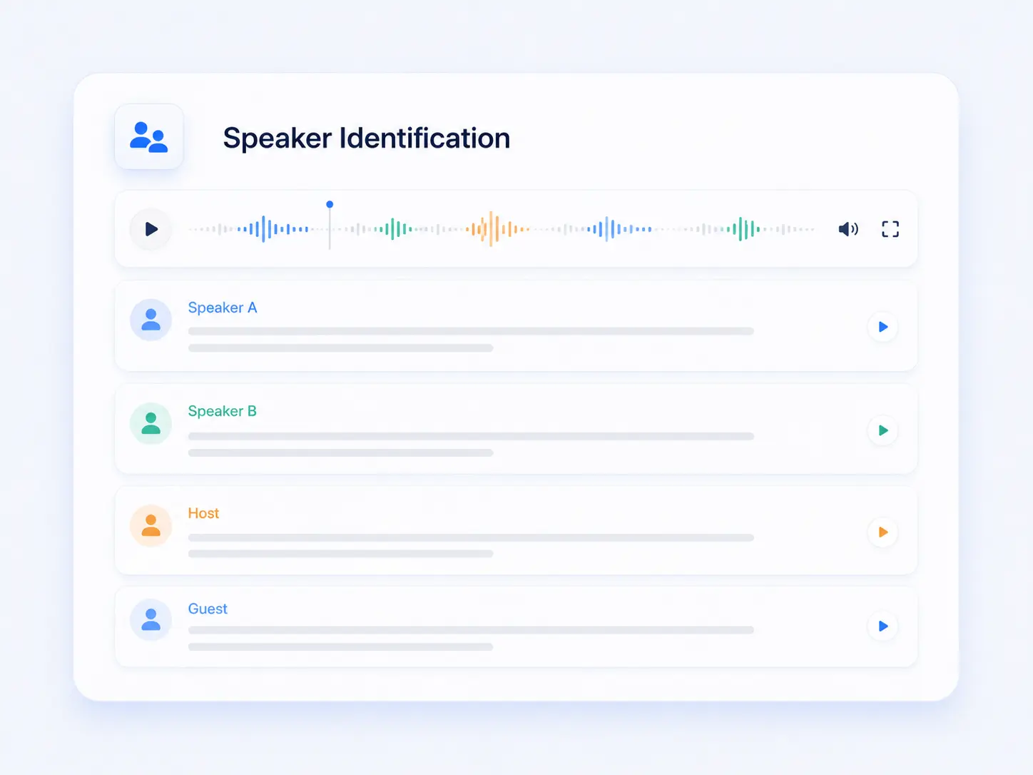 Transcript interface showing different speakers separated with individual labels and audio segments