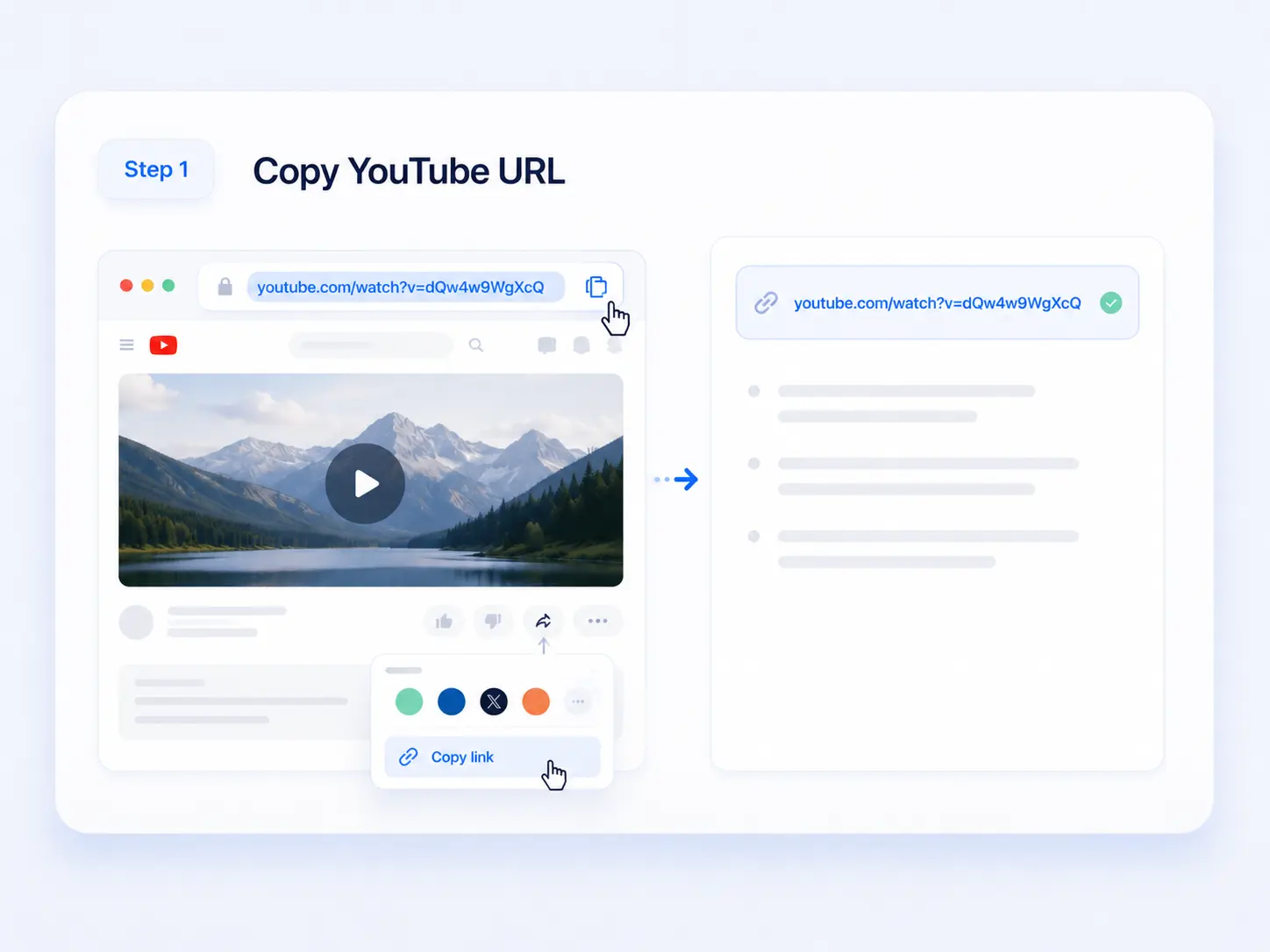 Interface showing a public YouTube video page with the video URL copied from the address bar and share menu